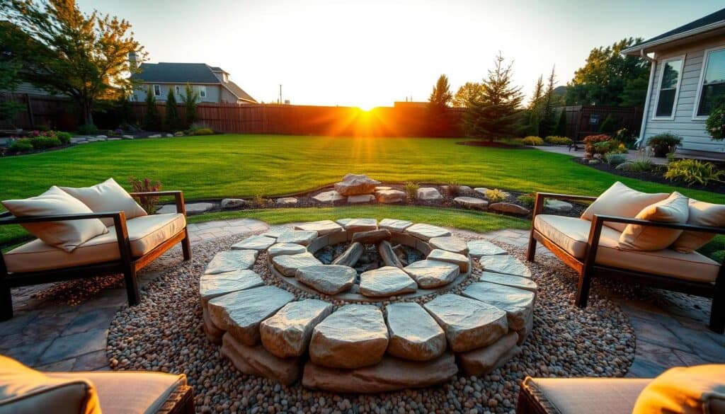 A beautifully designed stone fire pit area in a backyard setting, showcasing a circular arrangement of smooth, natural stones forming the fire pit, surrounded by textured gravel and pavers. In the foreground, add cozy seating options with soft cushions in neutral tones, positioned around the fire pit, inviting relaxation. The middle layer features vibrant green grass and well-maintained landscaping, with seasonal flowers peeking through. In the background, include a warm, glowing sunset casting soft sunlight over the scene, enhancing the intimate atmosphere. Use a wide-angle lens to capture the entire setting, emphasizing depth and spaciousness, creating a welcoming mood that makes this backyard the perfect gathering spot. A beautifully designed stone fire pit area in a backyard setting, showcasing a circular arrangement of smooth, natural stones forming the fire pit, surrounded by textured gravel and pavers. In the foreground, add cozy seating options with soft cushions in neutral tones, positioned around the fire pit, inviting relaxation. The middle layer features vibrant green grass and well-maintained landscaping, with seasonal flowers peeking through. In the background, include a warm, glowing sunset casting soft sunlight over the scene, enhancing the intimate atmosphere. Use a wide-angle lens to capture the entire setting, emphasizing depth and spaciousness, creating a welcoming mood that makes this backyard the perfect gathering spot.