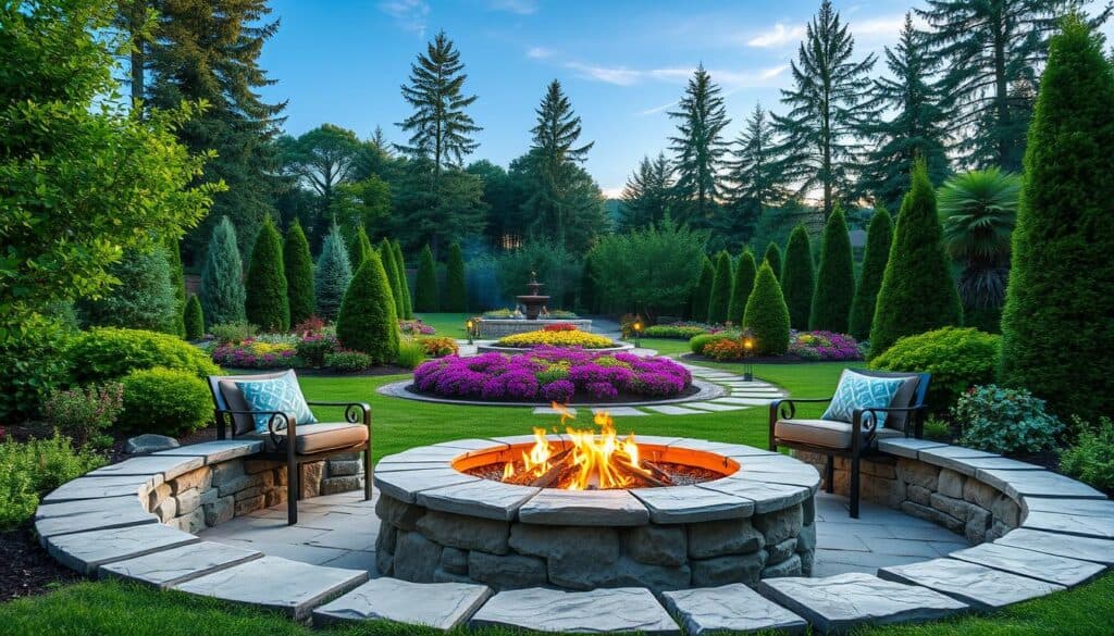 A beautifully designed sunken fire pit surrounded by lush greenery in a backyard setting. In the foreground, the fire pit is crafted from natural stones, with a circular shape and a cozy seating area made of comfortable outdoor furniture. Soft, warm flames flicker within the pit, casting a gentle glow. In the middle, vibrant flower beds and manicured shrubs create a colorful landscape, while strategically placed pathway lights illuminate the area. The background features tall trees and a clear blue sky, allowing soft sunlight to filter through, enhancing the serene atmosphere. The scene is captured from a slightly elevated angle to showcase the layout, emphasizing a welcoming and relaxing space for gatherings. A beautifully designed sunken fire pit surrounded by lush greenery in a backyard setting. In the foreground, the fire pit is crafted from natural stones, with a circular shape and a cozy seating area made of comfortable outdoor furniture. Soft, warm flames flicker within the pit, casting a gentle glow. In the middle, vibrant flower beds and manicured shrubs create a colorful landscape, while strategically placed pathway lights illuminate the area. The background features tall trees and a clear blue sky, allowing soft sunlight to filter through, enhancing the serene atmosphere. The scene is captured from a slightly elevated angle to showcase the layout, emphasizing a welcoming and relaxing space for gatherings.