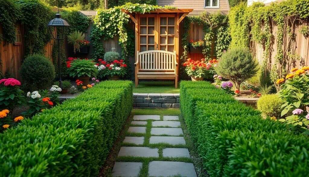 A beautifully designed symmetrical layout of a small backyard garden filled with vibrant green plants and flowers. In the foreground, a neatly trimmed hedge forms a natural border, flanking a central stone pathway that leads to a charming wooden bench. The middle ground features perfectly aligned flower beds, showcasing an assortment of colorful blooms like petunias and marigolds, symmetrically placed to create visual harmony. In the background, a tasteful wooden trellis supports creeping vines, adding depth to the scene. The image is bathed in soft, warm sunlight, casting gentle shadows and contributing to an inviting, tranquil atmosphere. The perspective is slightly elevated, capturing the entire layout in sharp detail, emphasizing the balance and serenity of the space. A beautifully designed symmetrical layout of a small backyard garden filled with vibrant green plants and flowers. In the foreground, a neatly trimmed hedge forms a natural border, flanking a central stone pathway that leads to a charming wooden bench. The middle ground features perfectly aligned flower beds, showcasing an assortment of colorful blooms like petunias and marigolds, symmetrically placed to create visual harmony. In the background, a tasteful wooden trellis supports creeping vines, adding depth to the scene. The image is bathed in soft, warm sunlight, casting gentle shadows and contributing to an inviting, tranquil atmosphere. The perspective is slightly elevated, capturing the entire layout in sharp detail, emphasizing the balance and serenity of the space.