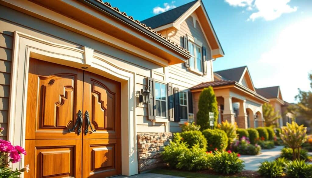 A beautifully detailed garage facade showcasing architectural elements that enhance its visual appeal. In the foreground, emphasize an intricately designed wooden garage door with decorative trim and ornate handles. The middle of the scene features elegant siding, perhaps in contrasting colors, accented by stylish windows adorned with shutters. Surrounding the garage, lush landscaping with vibrant flowers and manicured shrubs creates a welcoming atmosphere. In the background, a clear blue sky with soft, bright sunlight casts gentle shadows, highlighting the textures of the materials used. The scene conveys a sense of modern elegance and warmth, ideal for inspiring garage facade enhancements. Use a slightly angled perspective to capture the depth of the architecture and landscape, ensuring the image is bright and airy. A beautifully detailed garage facade showcasing architectural elements that enhance its visual appeal. In the foreground, emphasize an intricately designed wooden garage door with decorative trim and ornate handles. The middle of the scene features elegant siding, perhaps in contrasting colors, accented by stylish windows adorned with shutters. Surrounding the garage, lush landscaping with vibrant flowers and manicured shrubs creates a welcoming atmosphere. In the background, a clear blue sky with soft, bright sunlight casts gentle shadows, highlighting the textures of the materials used. The scene conveys a sense of modern elegance and warmth, ideal for inspiring garage facade enhancements. Use a slightly angled perspective to capture the depth of the architecture and landscape, ensuring the image is bright and airy.