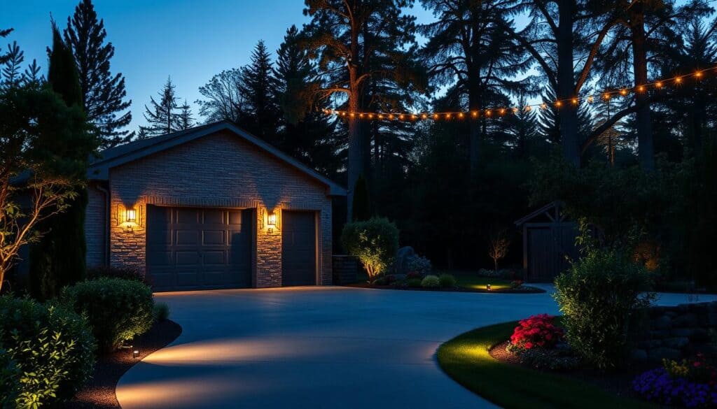 A beautifully illuminated garage exterior at dusk, showcasing elegant landscape lighting that highlights the architecture and surrounding foliage. In the foreground, you see soft-glow path lights leading to the garage entrance, surrounded by neatly trimmed bushes and colorful flower beds. The middle ground features the garage itself, with strategically placed wall sconces casting warm light on the textured surface. In the background, tall trees are softly lit from below, creating a serene and inviting atmosphere. The scene captures the glow of decorative string lights above, adding a whimsical touch. The mood is cozy and welcoming, evoking a sense of tranquility. The image is captured with a wide-angle lens to encompass the entire landscape, ensuring a bright and airy feel, enhanced by the gentle twilight sky. A beautifully illuminated garage exterior at dusk, showcasing elegant landscape lighting that highlights the architecture and surrounding foliage. In the foreground, you see soft-glow path lights leading to the garage entrance, surrounded by neatly trimmed bushes and colorful flower beds. The middle ground features the garage itself, with strategically placed wall sconces casting warm light on the textured surface. In the background, tall trees are softly lit from below, creating a serene and inviting atmosphere. The scene captures the glow of decorative string lights above, adding a whimsical touch. The mood is cozy and welcoming, evoking a sense of tranquility. The image is captured with a wide-angle lens to encompass the entire landscape, ensuring a bright and airy feel, enhanced by the gentle twilight sky.