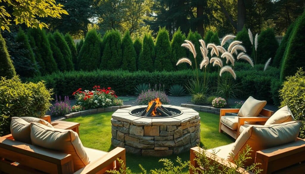 A beautifully landscaped backyard featuring a central fire pit surrounded by lush greenery. In the foreground, cozy seating made of natural wood encircles the fire pit, with plush cushions enhancing comfort. The middle ground showcases vibrant flower beds filled with colorful blooms and soft ferns, creating a natural barrier that enhances privacy. In the background, tall hedges and ornamental grasses sway gently in a soft breeze, providing a tranquil atmosphere. Bright, natural light filters through the trees, casting warm highlights across the scene, while the soft, inviting glow of the fire pit adds to the ambiance. Capture this inviting outdoor space from a slightly elevated angle to showcase the harmonious layout and serene environment. A beautifully landscaped backyard featuring a central fire pit surrounded by lush greenery. In the foreground, cozy seating made of natural wood encircles the fire pit, with plush cushions enhancing comfort. The middle ground showcases vibrant flower beds filled with colorful blooms and soft ferns, creating a natural barrier that enhances privacy. In the background, tall hedges and ornamental grasses sway gently in a soft breeze, providing a tranquil atmosphere. Bright, natural light filters through the trees, casting warm highlights across the scene, while the soft, inviting glow of the fire pit adds to the ambiance. Capture this inviting outdoor space from a slightly elevated angle to showcase the harmonious layout and serene environment.