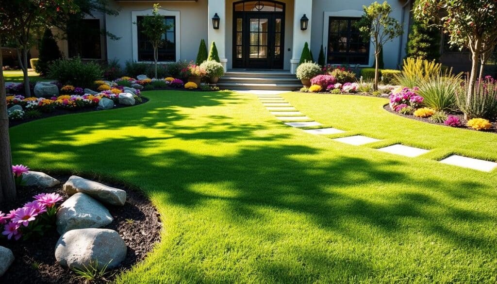 A beautifully landscaped front yard featuring a lush artificial turf lawn, meticulously trimmed to a uniform height. In the foreground, vibrant green turf is complemented by elegantly arranged flower beds filled with colorful perennial blooms and decorative rocks, adding a touch of sophistication. The middle ground showcases a contemporary stone pathway leading to an inviting front door, framed by modern outdoor lighting. In the background, a well-maintained facade of a stylish home with large windows and tasteful details creates a harmonious atmosphere. The scene is illuminated by soft, natural sunlight, casting gentle shadows that enhance the texture of the turf and flowers. The overall mood is fresh, inviting, and effortlessly chic, embodying a low-maintenance but luxurious aesthetic. A beautifully landscaped front yard featuring a lush artificial turf lawn, meticulously trimmed to a uniform height. In the foreground, vibrant green turf is complemented by elegantly arranged flower beds filled with colorful perennial blooms and decorative rocks, adding a touch of sophistication. The middle ground showcases a contemporary stone pathway leading to an inviting front door, framed by modern outdoor lighting. In the background, a well-maintained facade of a stylish home with large windows and tasteful details creates a harmonious atmosphere. The scene is illuminated by soft, natural sunlight, casting gentle shadows that enhance the texture of the turf and flowers. The overall mood is fresh, inviting, and effortlessly chic, embodying a low-maintenance but luxurious aesthetic.