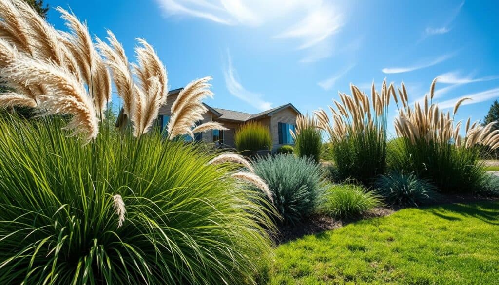 A beautifully landscaped front yard featuring a variety of ornamental grasses, showcasing their unique textures and graceful movement. In the foreground, lush clusters of feather reed grass sway gently in the soft sunlight, while blue fescue adds a touch of cool color. The middle ground features taller varieties like miscanthus, creating a layered effect that draws the eye upward. In the background, a modern home sits peacefully, surrounded by a serene blue sky and wispy clouds. The scene is bathed in bright natural light, enhancing the vibrant greens and golds of the grasses. The overall atmosphere is tranquil and inviting, perfect for low-maintenance yet sophisticated landscaping solutions. Captured with a wide-angle lens to showcase depth and detail. A beautifully landscaped front yard featuring a variety of ornamental grasses, showcasing their unique textures and graceful movement. In the foreground, lush clusters of feather reed grass sway gently in the soft sunlight, while blue fescue adds a touch of cool color. The middle ground features taller varieties like miscanthus, creating a layered effect that draws the eye upward. In the background, a modern home sits peacefully, surrounded by a serene blue sky and wispy clouds. The scene is bathed in bright natural light, enhancing the vibrant greens and golds of the grasses. The overall atmosphere is tranquil and inviting, perfect for low-maintenance yet sophisticated landscaping solutions. Captured with a wide-angle lens to showcase depth and detail.