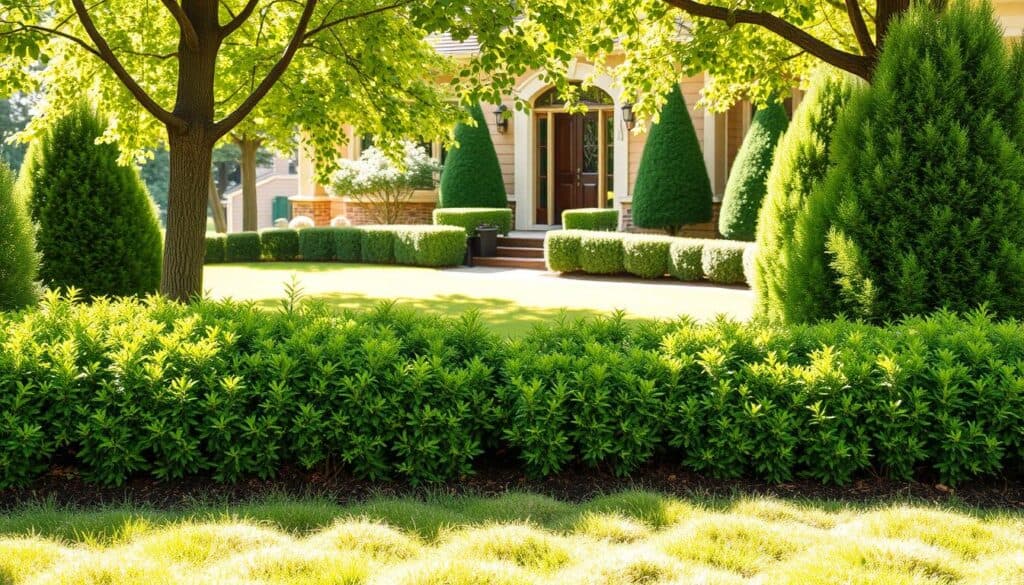 A beautifully landscaped front yard featuring lush evergreen shrubs in a harmonious arrangement. In the foreground, vibrant green shrubs with different textures, including boxwood and juniper, create inviting layered heights. The middle ground showcases a well-maintained lawn bordered by manicured hedges, with soft sunlight filtering through the leaves, casting gentle shadows on the ground. In the background, a charming home with a warm facade peeks through, enhancing the atmosphere of luxury and serenity. The scene is bathed in bright natural light, giving a fresh and airy feel. Use a wide-angle lens to capture the expansive layout, highlighting the elegance and low-maintenance appeal of this year-round garden design. A beautifully landscaped front yard featuring lush evergreen shrubs in a harmonious arrangement. In the foreground, vibrant green shrubs with different textures, including boxwood and juniper, create inviting layered heights. The middle ground showcases a well-maintained lawn bordered by manicured hedges, with soft sunlight filtering through the leaves, casting gentle shadows on the ground. In the background, a charming home with a warm facade peeks through, enhancing the atmosphere of luxury and serenity. The scene is bathed in bright natural light, giving a fresh and airy feel. Use a wide-angle lens to capture the expansive layout, highlighting the elegance and low-maintenance appeal of this year-round garden design.