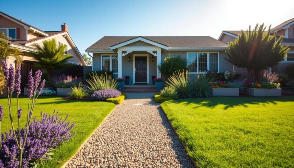 A beautifully landscaped front yard showcasing high-end curb appeal while maintaining a budget-friendly approach. In the foreground, a neatly manicured lawn borders a gravel walkway leading to an elegant front door, surrounded by colorful, low-maintenance perennials like lavender and ornamental grasses. The middle ground features strategically placed planters holding visually appealing shrubs and flowers that are drought-resistant, enhancing the sophisticated look without high upkeep. In the background, a charming modest home with a fresh coat of paint stands under a clear blue sky, illuminated by warm, soft sunlight casting gentle shadows. The atmosphere is inviting and serene, conveying a sense of pride and attention to detail, ideal for inspiring readers seeking affordable elegance in their landscape design. The scene is captured from a slightly elevated angle, emphasizing the harmonious layout and design of the front yard. A beautifully landscaped front yard showcasing high-end curb appeal while maintaining a budget-friendly approach. In the foreground, a neatly manicured lawn borders a gravel walkway leading to an elegant front door, surrounded by colorful, low-maintenance perennials like lavender and ornamental grasses. The middle ground features strategically placed planters holding visually appealing shrubs and flowers that are drought-resistant, enhancing the sophisticated look without high upkeep. In the background, a charming modest home with a fresh coat of paint stands under a clear blue sky, illuminated by warm, soft sunlight casting gentle shadows. The atmosphere is inviting and serene, conveying a sense of pride and attention to detail, ideal for inspiring readers seeking affordable elegance in their landscape design. The scene is captured from a slightly elevated angle, emphasizing the harmonious layout and design of the front yard.