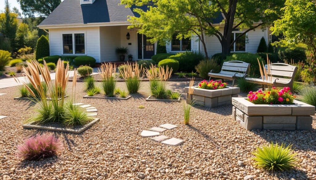 A beautifully landscaped front yard with low maintenance features. In the foreground, luxurious gravel pathways weave through clusters of native plants and ornamental grasses, creating a textured, inviting look. The middle ground showcases elegant stone planters filled with colorful flowering perennials and a modern bench made of weather-resistant material, perfectly positioned for relaxation. In the background, a charming house with a sleek façade and large windows reflects the bright natural light, surrounded by a backdrop of lush, low-growing shrubs. Soft sunlight filters through scattered trees, casting gentle shadows and enhancing the serene atmosphere. The scene is vibrant and welcoming, embodying a combination of sophistication and simplicity, designed to look stunning without excessive upkeep. A beautifully landscaped front yard with low maintenance features. In the foreground, luxurious gravel pathways weave through clusters of native plants and ornamental grasses, creating a textured, inviting look. The middle ground showcases elegant stone planters filled with colorful flowering perennials and a modern bench made of weather-resistant material, perfectly positioned for relaxation. In the background, a charming house with a sleek façade and large windows reflects the bright natural light, surrounded by a backdrop of lush, low-growing shrubs. Soft sunlight filters through scattered trees, casting gentle shadows and enhancing the serene atmosphere. The scene is vibrant and welcoming, embodying a combination of sophistication and simplicity, designed to look stunning without excessive upkeep.