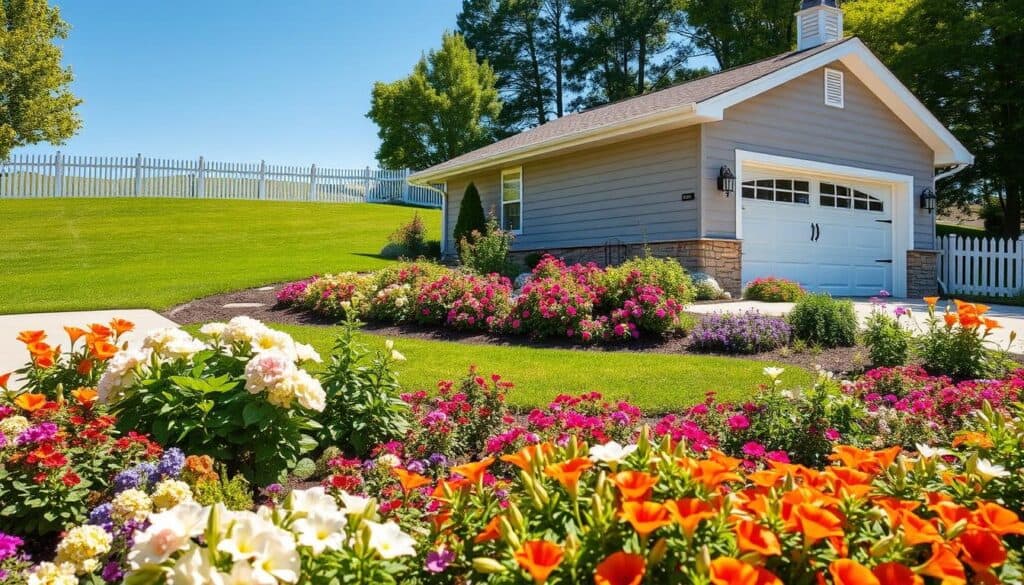 A beautifully landscaped garage exterior featuring vibrant foundation plantings and flower beds. In the foreground, a variety of colorful perennials and shrubs, such as hydrangeas and daylilies, create a lush border around the garage. In the middle ground, the garage itself stands with a contemporary design, painted in a soft gray hue, complemented by decorative stone accents. Surrounding the garage, a carefully arranged flower bed showcases seasonal blooms, adding charm and warmth. In the background, a green lawn gently slopes towards a white picket fence under a bright blue sky. The scene is bathed in soft, natural sunlight, highlighting the textures of the plants and creating an inviting atmosphere. The angle captures the beauty of the garden from a slightly elevated perspective, emphasizing the harmonious blend of the garage and its landscaping. A beautifully landscaped garage exterior featuring vibrant foundation plantings and flower beds. In the foreground, a variety of colorful perennials and shrubs, such as hydrangeas and daylilies, create a lush border around the garage. In the middle ground, the garage itself stands with a contemporary design, painted in a soft gray hue, complemented by decorative stone accents. Surrounding the garage, a carefully arranged flower bed showcases seasonal blooms, adding charm and warmth. In the background, a green lawn gently slopes towards a white picket fence under a bright blue sky. The scene is bathed in soft, natural sunlight, highlighting the textures of the plants and creating an inviting atmosphere. The angle captures the beauty of the garden from a slightly elevated perspective, emphasizing the harmonious blend of the garage and its landscaping.