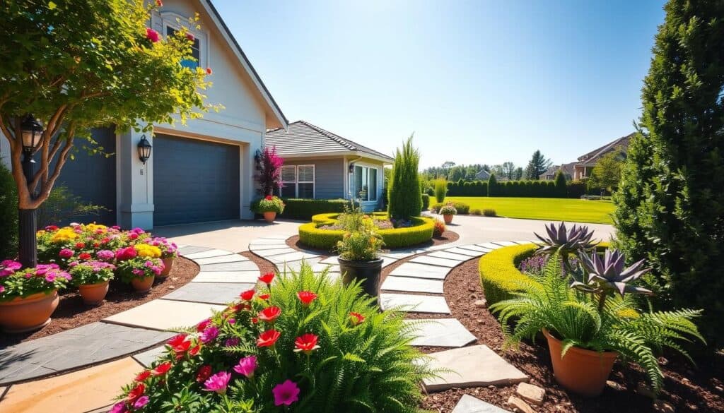 A beautifully landscaped garage exterior in a suburban setting, featuring vibrant flower beds with colorful blooms, neatly trimmed hedges, and decorative stone pathways leading to the garage. In the foreground, there are potted plants of various sizes, including ferns and succulents, adding a touch of greenery. The middle ground showcases a modern garage with a sleek door and tasteful outdoor lighting fixtures. In the background, there's a well-manicured lawn under a bright blue sky, with soft sunlight casting gentle shadows. The atmosphere is inviting and cheerful, emphasizing a harmonious blend of nature and architecture, captured from a slightly elevated angle to showcase the entire landscaping design with vivid colors and intricate details. A beautifully landscaped garage exterior in a suburban setting, featuring vibrant flower beds with colorful blooms, neatly trimmed hedges, and decorative stone pathways leading to the garage. In the foreground, there are potted plants of various sizes, including ferns and succulents, adding a touch of greenery. The middle ground showcases a modern garage with a sleek door and tasteful outdoor lighting fixtures. In the background, there's a well-manicured lawn under a bright blue sky, with soft sunlight casting gentle shadows. The atmosphere is inviting and cheerful, emphasizing a harmonious blend of nature and architecture, captured from a slightly elevated angle to showcase the entire landscaping design with vivid colors and intricate details.