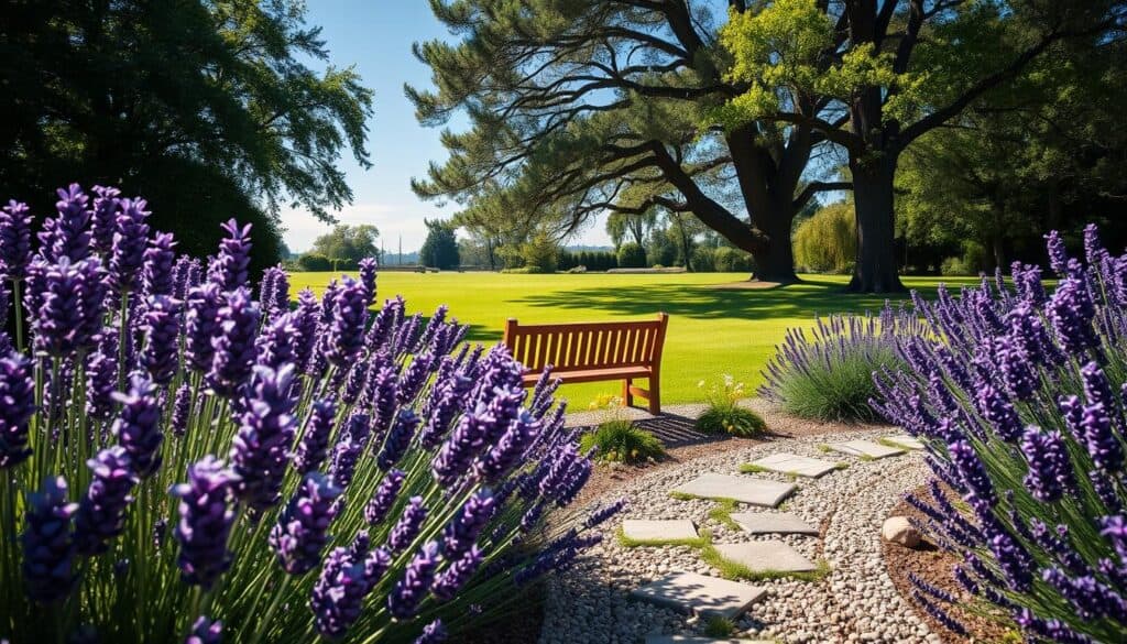 A beautifully landscaped garden featuring vibrant lavender plants as a prominent border. In the foreground, clusters of blooming lavender create a lush, fragrant border, interspersed with elegant granite stones and decorative gravel pathways. In the middle ground, a charming wooden bench invites relaxation among the lavender, complemented by soft, wildflowers in complementary colors. The background showcases a serene, green lawn framed by tall, leafy trees under a bright blue sky, with soft sunlight filtering through branches, casting dappled shadows. The overall mood is tranquil and uplifting, evoking a sense of peace and elegance, ideal for a sunny afternoon in a beautifully designed outdoor space. The image should be bright and airy, capturing the essence of nature and stylish landscaping. A beautifully landscaped garden featuring vibrant lavender plants as a prominent border. In the foreground, clusters of blooming lavender create a lush, fragrant border, interspersed with elegant granite stones and decorative gravel pathways. In the middle ground, a charming wooden bench invites relaxation among the lavender, complemented by soft, wildflowers in complementary colors. The background showcases a serene, green lawn framed by tall, leafy trees under a bright blue sky, with soft sunlight filtering through branches, casting dappled shadows. The overall mood is tranquil and uplifting, evoking a sense of peace and elegance, ideal for a sunny afternoon in a beautifully designed outdoor space. The image should be bright and airy, capturing the essence of nature and stylish landscaping.