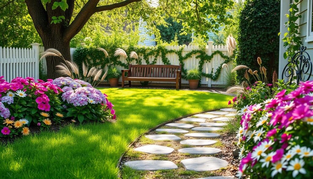 A beautifully landscaped side yard featuring a well-maintained pathway lined with decorative stones. In the foreground, colorful flower beds burst with vibrant blooms, including hydrangeas and daisies, creating a lively contrast against lush green grass. The middle ground showcases a wooden bench nestled under a tree, surrounded by potted plants and ornamental grasses swaying gently in the breeze. The background reveals a white picket fence, slightly obscured by climbing ivy, with soft sunlight filtering through the leaves, casting delicate shadows on the ground. The scene is bright and airy, evoking a sense of tranquility, perfect for relaxation and enjoying nature. The perspective is slightly elevated for a comprehensive view of the space, giving a sense of depth and dimension to the yard. A beautifully landscaped side yard featuring a well-maintained pathway lined with decorative stones. In the foreground, colorful flower beds burst with vibrant blooms, including hydrangeas and daisies, creating a lively contrast against lush green grass. The middle ground showcases a wooden bench nestled under a tree, surrounded by potted plants and ornamental grasses swaying gently in the breeze. The background reveals a white picket fence, slightly obscured by climbing ivy, with soft sunlight filtering through the leaves, casting delicate shadows on the ground. The scene is bright and airy, evoking a sense of tranquility, perfect for relaxation and enjoying nature. The perspective is slightly elevated for a comprehensive view of the space, giving a sense of depth and dimension to the yard.