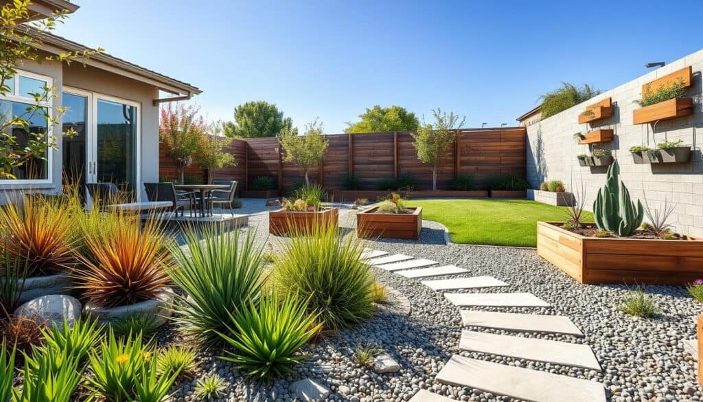 A beautifully landscaped side yard featuring drought-tolerant plants and hardscaping elements that create an inviting low-maintenance oasis. In the foreground, colorful succulents and native grasses are nestled around a textured stone path, leading to a cozy seating area equipped with modern outdoor furniture. The middle ground showcases a sleek gravel garden bordered by wooden planters filled with aromatic herbs. In the background, a gently sloping turf area leads to a stylish fence decorated with vertical planters, under a clear blue sky. The scene is bathed in bright natural light, with soft sunlight filtering through, enhancing the fresh and airy atmosphere. Capture this tranquil setting with a slight angle, emphasizing the lushness and design harmony of the yard. A beautifully landscaped side yard featuring drought-tolerant plants and hardscaping elements that create an inviting low-maintenance oasis. In the foreground, colorful succulents and native grasses are nestled around a textured stone path, leading to a cozy seating area equipped with modern outdoor furniture. The middle ground showcases a sleek gravel garden bordered by wooden planters filled with aromatic herbs. In the background, a gently sloping turf area leads to a stylish fence decorated with vertical planters, under a clear blue sky. The scene is bathed in bright natural light, with soft sunlight filtering through, enhancing the fresh and airy atmosphere. Capture this tranquil setting with a slight angle, emphasizing the lushness and design harmony of the yard.
