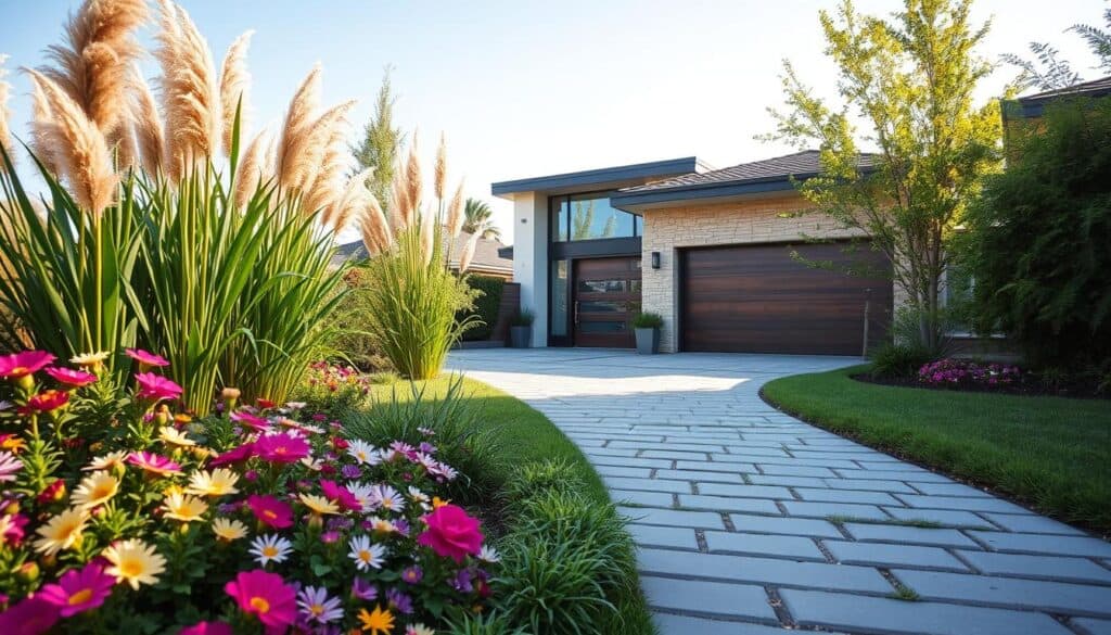 A beautifully landscaped walkway leading to a modern garage, showcasing a stylish path made of stone pavers interspersed with lush greenery. In the foreground, vibrant flower beds bloom with seasonal flowers, adding pops of color. Towering ornamental grasses sway gently in the breeze, framing the path. The middle ground features a sleek, contemporary garage with large windows and a well-structured wooden door, reflecting the surrounding environment. In the background, a clear blue sky filters soft sunlight, casting gentle shadows on the walkway, enhancing the textures of the pavers and foliage. The overall atmosphere is inviting and serene, perfect for showcasing landscaping ideas that enhance home aesthetics. Use a wide-angle lens to capture the fullness of the scene, emphasizing the harmonious transition between the pathway and the garage. A beautifully landscaped walkway leading to a modern garage, showcasing a stylish path made of stone pavers interspersed with lush greenery. In the foreground, vibrant flower beds bloom with seasonal flowers, adding pops of color. Towering ornamental grasses sway gently in the breeze, framing the path. The middle ground features a sleek, contemporary garage with large windows and a well-structured wooden door, reflecting the surrounding environment. In the background, a clear blue sky filters soft sunlight, casting gentle shadows on the walkway, enhancing the textures of the pavers and foliage. The overall atmosphere is inviting and serene, perfect for showcasing landscaping ideas that enhance home aesthetics. Use a wide-angle lens to capture the fullness of the scene, emphasizing the harmonious transition between the pathway and the garage.