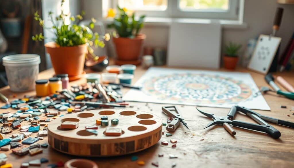 A bright and inviting workspace showcasing essential tools and materials for DIY garden mosaic projects. In the foreground, a wooden workbench is adorned with colorful mosaic tiles, broken pottery pieces, and glass shards scattered artfully. Nearby, a palette of paints and brushes along with a sturdy pair of nippers and a tile cutter illustrate the crafting tools. In the middle ground, a cheerful potted plant adds a pop of greenery, while a mosaic design laid out on a surface hints at the creative possibilities. In the background, soft natural light streams in through a window, illuminating the scene and creating an airy, encouraging atmosphere. The composition should evoke a sense of inspiration and excitement, perfect for weekend crafting. A bright and inviting workspace showcasing essential tools and materials for DIY garden mosaic projects. In the foreground, a wooden workbench is adorned with colorful mosaic tiles, broken pottery pieces, and glass shards scattered artfully. Nearby, a palette of paints and brushes along with a sturdy pair of nippers and a tile cutter illustrate the crafting tools. In the middle ground, a cheerful potted plant adds a pop of greenery, while a mosaic design laid out on a surface hints at the creative possibilities. In the background, soft natural light streams in through a window, illuminating the scene and creating an airy, encouraging atmosphere. The composition should evoke a sense of inspiration and excitement, perfect for weekend crafting.
