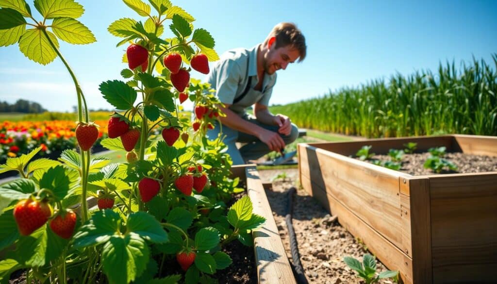 A bright, sunlit garden showcasing best practices for growing strawberries in a raised bed. In the foreground, vibrant strawberry plants with lush green leaves and ripe red berries hang over the edge of a well-constructed wooden raised bed, demonstrating healthy growth. In the middle ground, a gardener in modest casual clothing, kneels to adjust the soil around the plants using a small hand trowel, highlighting attentive care. The background features a picturesque garden with rows of colorful flowers and tall green grass under a clear blue sky, bathing the scene in warm, natural light. The atmosphere conveys a sense of tranquility and joy, capturing the essence of nurturing a summer garden. A bright, sunlit garden showcasing best practices for growing strawberries in a raised bed. In the foreground, vibrant strawberry plants with lush green leaves and ripe red berries hang over the edge of a well-constructed wooden raised bed, demonstrating healthy growth. In the middle ground, a gardener in modest casual clothing, kneels to adjust the soil around the plants using a small hand trowel, highlighting attentive care. The background features a picturesque garden with rows of colorful flowers and tall green grass under a clear blue sky, bathing the scene in warm, natural light. The atmosphere conveys a sense of tranquility and joy, capturing the essence of nurturing a summer garden.
