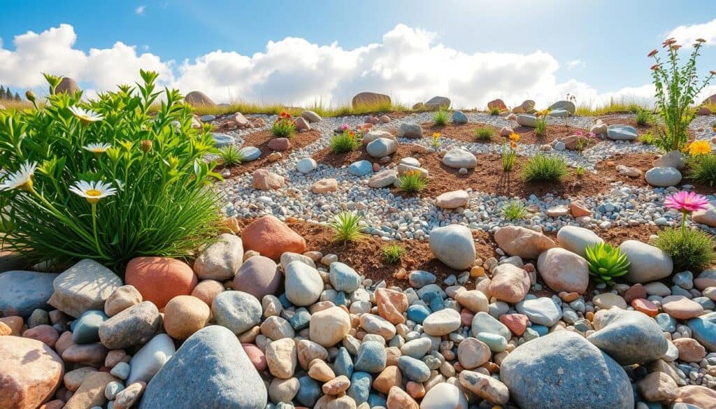 A captivating rock garden scene designed for budget-friendly DIY projects. In the foreground, various sizes and shapes of smooth, colorful rocks are artfully arranged among vibrant green plants and colorful flowers, like daisies and succulents, creating an inviting, lush appearance. The middle ground features a gently sloping landscape of pebbles and stones, interspersed with patches of soil where small, hearty plants thrive. The background reveals a clear blue sky with soft, fluffy clouds, and the warm glow of natural sunlight cascading down, enhancing the colors and textures of the scene. The image captures a serene, peaceful mood, inviting viewers to envision creating their own beautiful rock garden sanctuary. A captivating rock garden scene designed for budget-friendly DIY projects. In the foreground, various sizes and shapes of smooth, colorful rocks are artfully arranged among vibrant green plants and colorful flowers, like daisies and succulents, creating an inviting, lush appearance. The middle ground features a gently sloping landscape of pebbles and stones, interspersed with patches of soil where small, hearty plants thrive. The background reveals a clear blue sky with soft, fluffy clouds, and the warm glow of natural sunlight cascading down, enhancing the colors and textures of the scene. The image captures a serene, peaceful mood, inviting viewers to envision creating their own beautiful rock garden sanctuary.