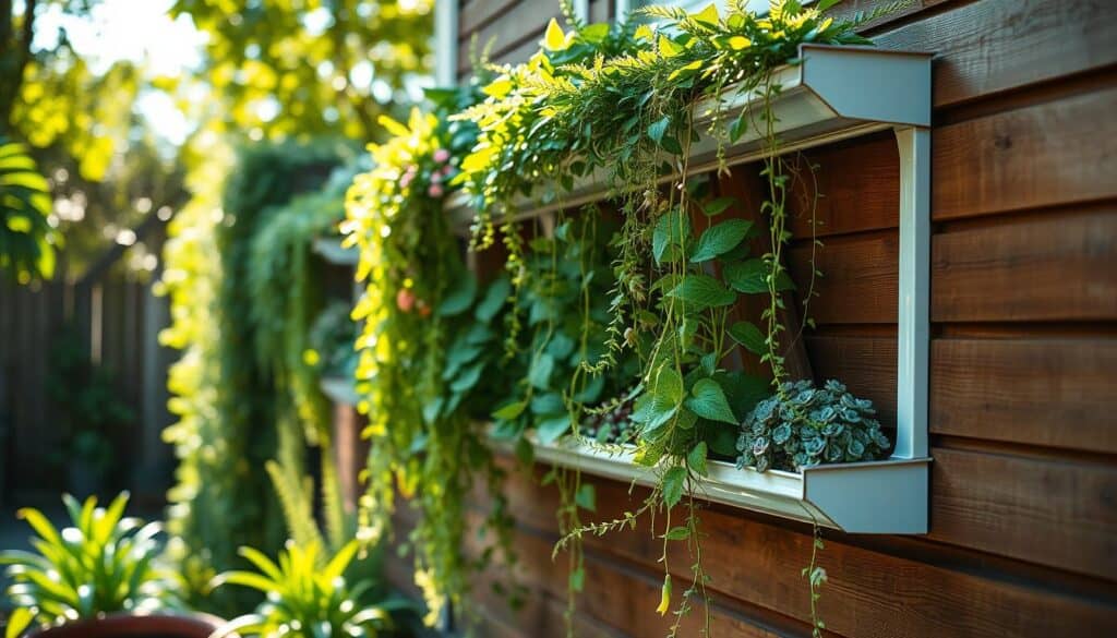 A cascading plant wall created from upcycled gutter garden systems, bursting with vibrant greenery. In the foreground, display an assortment of lush plants, such as ferns, succulents, and flowering vines, gracefully draping down from painted metal gutters. In the middle ground, the gutters are mounted against a wooden wall, showcasing the clever design and DIY craftsmanship. The background features a softly lit garden with sunlight filtering through leaves, creating a warm, inviting atmosphere. Use a shallow depth of field to focus on the plant wall while gently blurring the background. The scene conveys a refreshing, eco-friendly aesthetic, perfect for a relaxing outdoor space, illuminated by bright, natural light that enhances the colors of the plants and wood. A cascading plant wall created from upcycled gutter garden systems, bursting with vibrant greenery. In the foreground, display an assortment of lush plants, such as ferns, succulents, and flowering vines, gracefully draping down from painted metal gutters. In the middle ground, the gutters are mounted against a wooden wall, showcasing the clever design and DIY craftsmanship. The background features a softly lit garden with sunlight filtering through leaves, creating a warm, inviting atmosphere. Use a shallow depth of field to focus on the plant wall while gently blurring the background. The scene conveys a refreshing, eco-friendly aesthetic, perfect for a relaxing outdoor space, illuminated by bright, natural light that enhances the colors of the plants and wood.