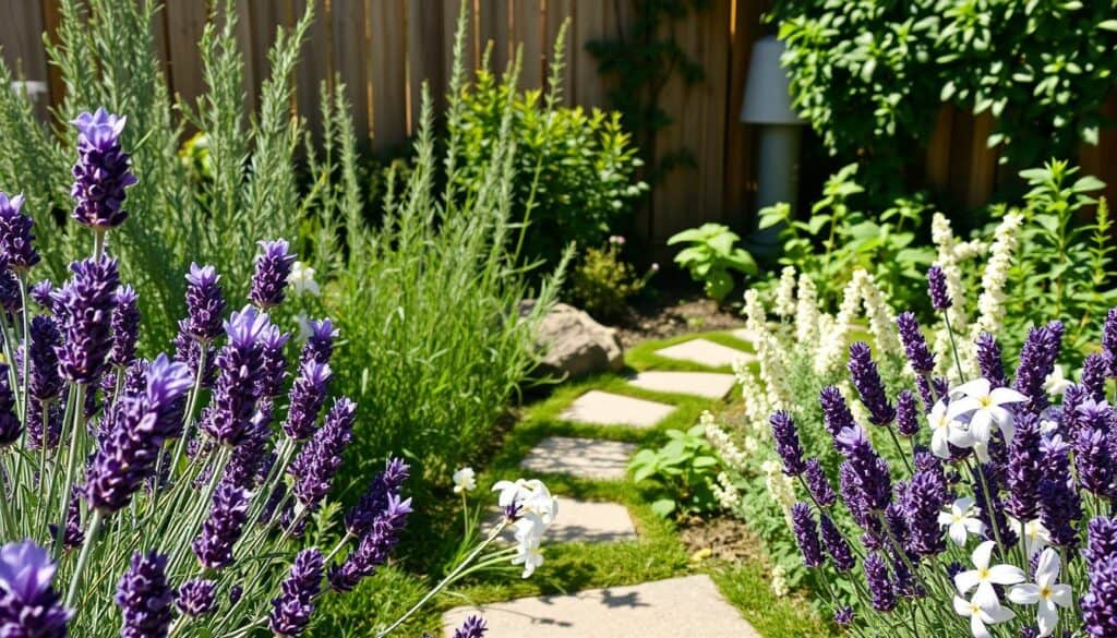 A charming backyard garden bursting with fragrant plants, featuring lush lavender and blooming jasmine in the foreground, their vibrant purple and white flowers gently swaying in a soft breeze. In the middle ground, tall rosemary and delicate mint plants add greenery, while a stone path meanders through the greenery, subtly leading the eye. The background is filled with a wooden fencing, partially draped with climbing vines, creating a cozy and inviting atmosphere. The scene is bathed in bright, natural sunlight, casting soft, warm shadows that enhance the textures of the plants. The overall mood is serene and refreshing, embodying the essence of a sensory garden designed for relaxation and enjoyment, with an inviting ambiance that encourages exploration and appreciation of nature.