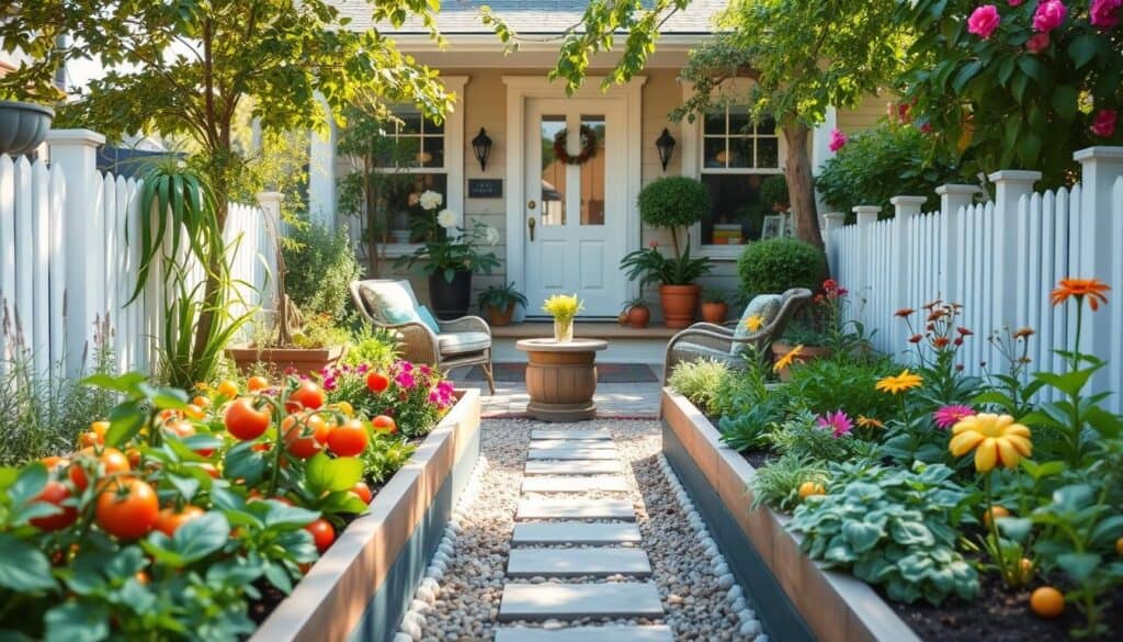 A charming front yard garden design suited for small urban spaces, showcasing creative vegetable garden solutions. In the foreground, vibrant raised beds filled with a variety of vegetables like tomatoes, peppers, and herbs, bordered with decorative stones or wooden edging. The middle features a cozy sitting area with stylish, weather-resistant furniture and colorful garden accents, such as planters and artisanal garden art. The background presents a quaint house with a welcoming entryway, framed by lush greenery and flowering plants that add charm and color. Bright natural light and soft sunlight create an airy atmosphere, enhancing the mood of tranquility and creativity. The image should capture the beauty and practicality of urban gardening, inviting viewers to imagine their own vibrant front yard oasis. A charming front yard garden design suited for small urban spaces, showcasing creative vegetable garden solutions. In the foreground, vibrant raised beds filled with a variety of vegetables like tomatoes, peppers, and herbs, bordered with decorative stones or wooden edging. The middle features a cozy sitting area with stylish, weather-resistant furniture and colorful garden accents, such as planters and artisanal garden art. The background presents a quaint house with a welcoming entryway, framed by lush greenery and flowering plants that add charm and color. Bright natural light and soft sunlight create an airy atmosphere, enhancing the mood of tranquility and creativity. The image should capture the beauty and practicality of urban gardening, inviting viewers to imagine their own vibrant front yard oasis.