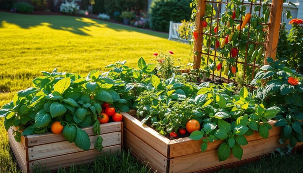 A charming front yard garden featuring a variety of vegetables and herbs artistically arranged as part of the landscape. In the foreground, vibrant green lettuce, sprawling tomato vines, and fragrant basil drape elegantly over neatly constructed raised beds made of natural wood. The middle ground showcases leafy greens, colorful bell peppers, and a trellis adorned with climbing beans, creating an inviting focal point. In the background, a well-maintained lawn complements the garden's lush greenery, with flowering plants adding splashes of color. The scene is bathed in soft, warm sunlight, casting gentle shadows that enhance the serene, natural atmosphere. Capture this inviting garden from a slightly elevated angle to provide depth and perspective, emphasizing the beauty of practical vegetable displays in a residential front yard. A charming front yard garden featuring a variety of vegetables and herbs artistically arranged as part of the landscape. In the foreground, vibrant green lettuce, sprawling tomato vines, and fragrant basil drape elegantly over neatly constructed raised beds made of natural wood. The middle ground showcases leafy greens, colorful bell peppers, and a trellis adorned with climbing beans, creating an inviting focal point. In the background, a well-maintained lawn complements the garden's lush greenery, with flowering plants adding splashes of color. The scene is bathed in soft, warm sunlight, casting gentle shadows that enhance the serene, natural atmosphere. Capture this inviting garden from a slightly elevated angle to provide depth and perspective, emphasizing the beauty of practical vegetable displays in a residential front yard.