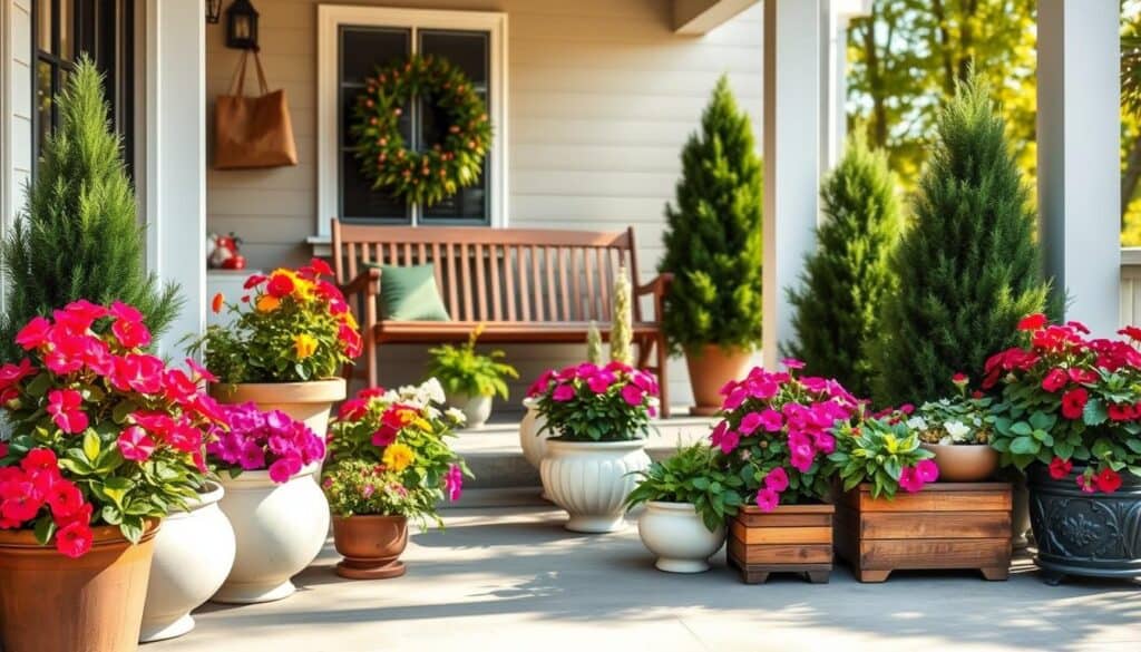 A charming front yard porch showcasing professional container gardening, featuring an array of vibrant flowers and lush greenery in stylish planters. The foreground includes various containers made of ceramic and wood, some overflowing with colorful geraniums, petunias, and ferns, arranged artfully on a welcoming porch. In the middle ground, a cozy porch swing is seen, flanked by potted evergreens providing a sense of depth. In the background, the house façade is cheerful and well-maintained, adding to the inviting atmosphere. The scene is lit by bright, soft sunlight filtering through the trees, creating a warm and airy mood. The image captures a peaceful, upscale entrance that reflects elegance and low-maintenance beauty. A charming front yard porch showcasing professional container gardening, featuring an array of vibrant flowers and lush greenery in stylish planters. The foreground includes various containers made of ceramic and wood, some overflowing with colorful geraniums, petunias, and ferns, arranged artfully on a welcoming porch. In the middle ground, a cozy porch swing is seen, flanked by potted evergreens providing a sense of depth. In the background, the house façade is cheerful and well-maintained, adding to the inviting atmosphere. The scene is lit by bright, soft sunlight filtering through the trees, creating a warm and airy mood. The image captures a peaceful, upscale entrance that reflects elegance and low-maintenance beauty.