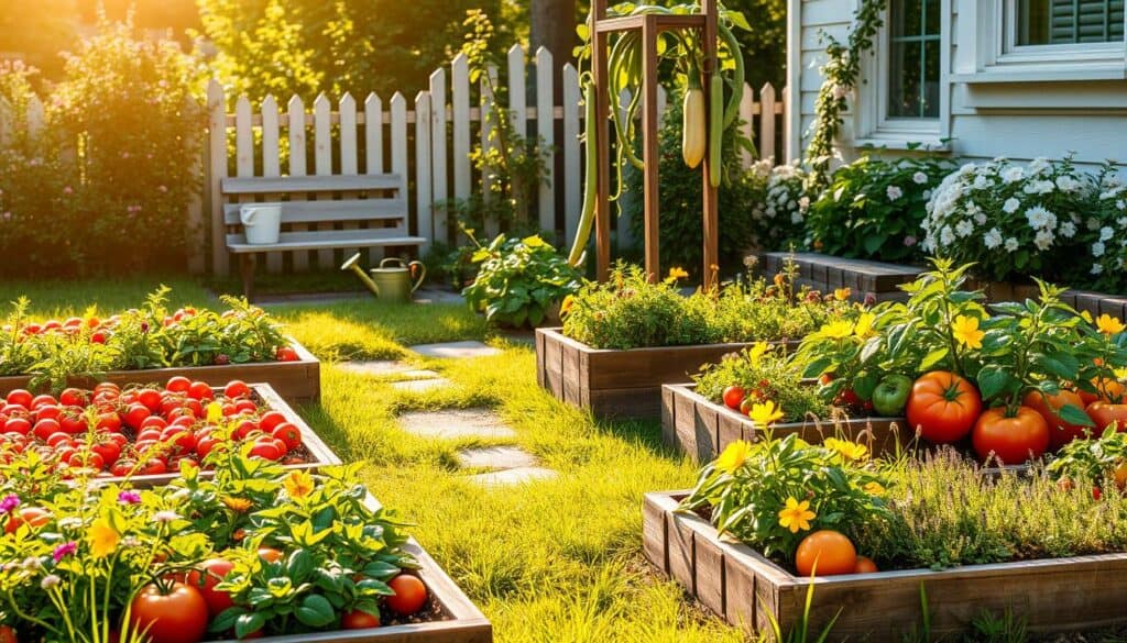 A charming front yard vegetable garden that seamlessly blends beauty and practicality. In the foreground, a well-organized patch features vibrant rows of tomatoes, peppers, and fresh herbs, intermingled with colorful edible flowers. Raised wooden beds add depth, bordered by a stone pathway and lush green grass. In the middle ground, a rustic wooden trellis supports climbing beans and squash, while a small watering can rests nearby on a sunlit bench. The background includes a charming picket fence and a few flowering shrubs, bathed in golden sunlight. The atmosphere is warm and inviting, evoking a sense of tranquility and harmony with nature, perfect for a home garden. The lens captures the scene from a slightly elevated angle, showcasing the layout and the interplay of colors, textures, and natural light. A charming front yard vegetable garden that seamlessly blends beauty and practicality. In the foreground, a well-organized patch features vibrant rows of tomatoes, peppers, and fresh herbs, intermingled with colorful edible flowers. Raised wooden beds add depth, bordered by a stone pathway and lush green grass. In the middle ground, a rustic wooden trellis supports climbing beans and squash, while a small watering can rests nearby on a sunlit bench. The background includes a charming picket fence and a few flowering shrubs, bathed in golden sunlight. The atmosphere is warm and inviting, evoking a sense of tranquility and harmony with nature, perfect for a home garden. The lens captures the scene from a slightly elevated angle, showcasing the layout and the interplay of colors, textures, and natural light.