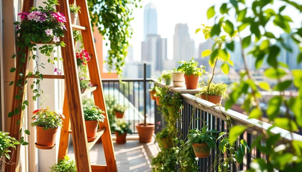 A charming ladder garden planter stands elegantly on a balcony, showcasing an array of colorful flowers and lush greenery cascading from its steps. In the foreground, the focus is on the wooden ladder structure, stained a warm brown, with potted plants perched neatly at each level, demonstrating vertical gardening in action. The middle ground features a bright, sunlit balcony adorned with potted herbs and trailing vines, inviting a sense of tranquility. In the background, a blurred cityscape peeks through soft green leaves, enhancing the urban gardening theme. The scene is bathed in soft, natural light, creating an airy, cheerful atmosphere, ideal for a weekend project. Capture this from a slight angle, emphasizing both the ladder and the surrounding greenery. A charming ladder garden planter stands elegantly on a balcony, showcasing an array of colorful flowers and lush greenery cascading from its steps. In the foreground, the focus is on the wooden ladder structure, stained a warm brown, with potted plants perched neatly at each level, demonstrating vertical gardening in action. The middle ground features a bright, sunlit balcony adorned with potted herbs and trailing vines, inviting a sense of tranquility. In the background, a blurred cityscape peeks through soft green leaves, enhancing the urban gardening theme. The scene is bathed in soft, natural light, creating an airy, cheerful atmosphere, ideal for a weekend project. Capture this from a slight angle, emphasizing both the ladder and the surrounding greenery.