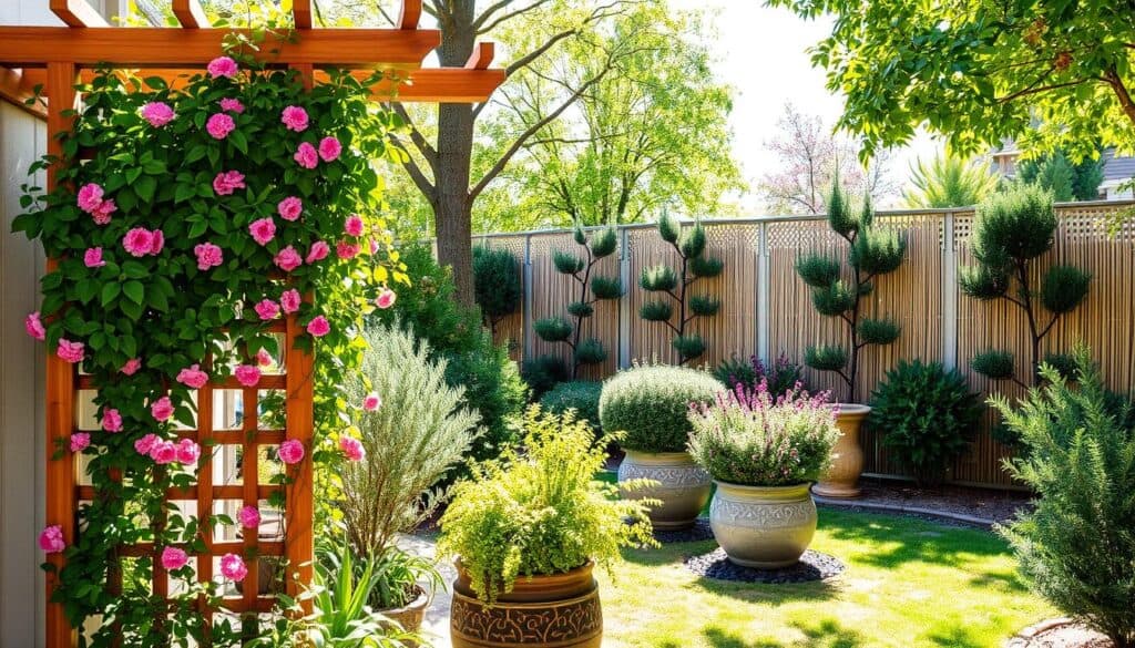 A charming side yard showcasing various privacy screening solutions. In the foreground, a beautifully arranged wooden trellis covered in lush climbing vines, featuring vibrant flowers intertwined with the greenery, adds warmth and color. The middle ground presents several strategically placed large decorative planters with various types of dense shrubs and small trees, creating natural barriers. In the background, a serene view of a sun-dappled fence lined with bamboo or lattice panels, providing a sense of enclosure without feeling confining. Soft, bright natural light filters through the trees, casting gentle shadows on the ground, enhancing the peaceful atmosphere. The overall mood reflects tranquility and beauty, inviting viewers to envision their own side yard transformation. A charming side yard showcasing various privacy screening solutions. In the foreground, a beautifully arranged wooden trellis covered in lush climbing vines, featuring vibrant flowers intertwined with the greenery, adds warmth and color. The middle ground presents several strategically placed large decorative planters with various types of dense shrubs and small trees, creating natural barriers. In the background, a serene view of a sun-dappled fence lined with bamboo or lattice panels, providing a sense of enclosure without feeling confining. Soft, bright natural light filters through the trees, casting gentle shadows on the ground, enhancing the peaceful atmosphere. The overall mood reflects tranquility and beauty, inviting viewers to envision their own side yard transformation.