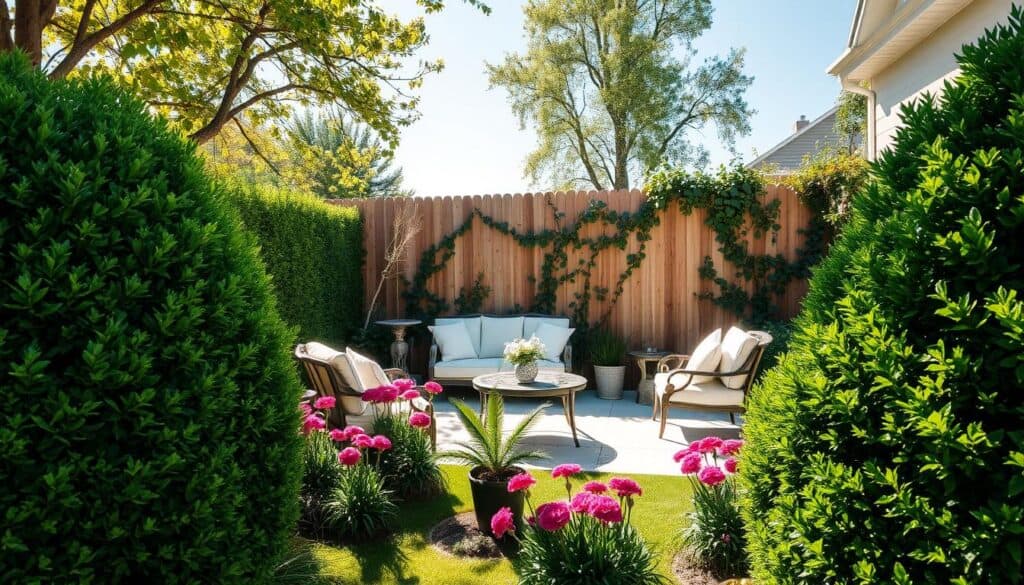 A charming small backyard scene designed to showcase privacy hedges without overwhelming the space. In the foreground, neatly trimmed green hedges frame a cozy seating area with elegant outdoor furniture, all set under soft sunlight filtering through nearby trees. The middle ground features a variety of low-maintenance, flowering plants that add pops of color, creating a welcoming vibe. In the background, a wooden fence provides additional privacy, partially obscured by climbing vines. The overall atmosphere is serene and airy, with a clean layout that emphasizes open space. The image captures a bright, inviting outdoor setting with clear blue skies, evoking a tranquil retreat perfect for relaxation and enjoyment. A charming small backyard scene designed to showcase privacy hedges without overwhelming the space. In the foreground, neatly trimmed green hedges frame a cozy seating area with elegant outdoor furniture, all set under soft sunlight filtering through nearby trees. The middle ground features a variety of low-maintenance, flowering plants that add pops of color, creating a welcoming vibe. In the background, a wooden fence provides additional privacy, partially obscured by climbing vines. The overall atmosphere is serene and airy, with a clean layout that emphasizes open space. The image captures a bright, inviting outdoor setting with clear blue skies, evoking a tranquil retreat perfect for relaxation and enjoyment.