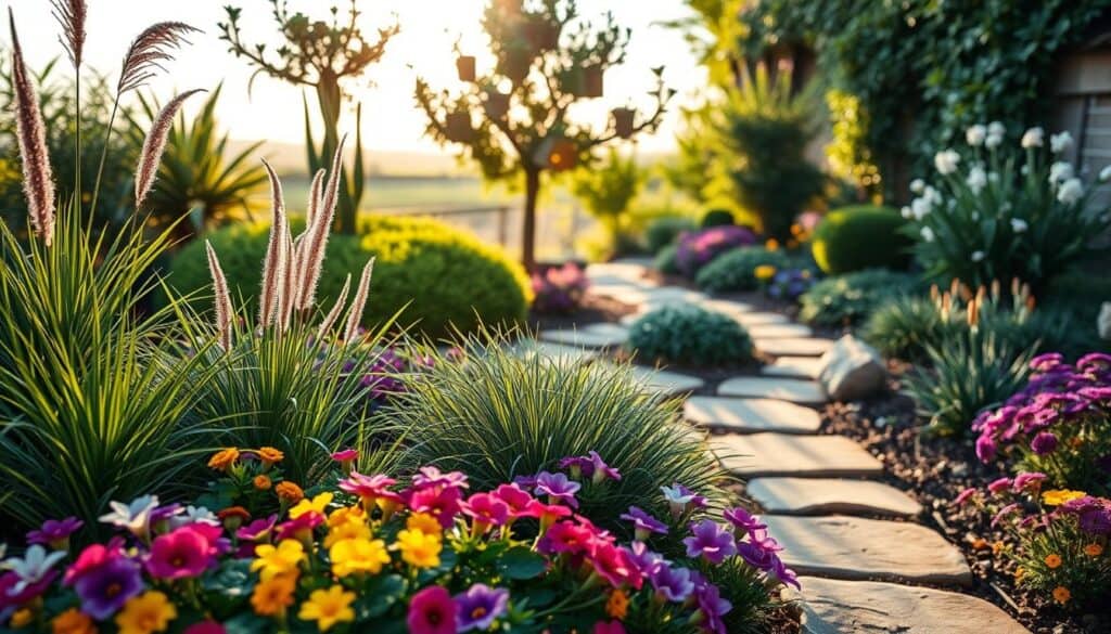 A charming small garden featuring dwarf plant varieties arranged thoughtfully to maximize space. In the foreground, vibrant, miniature flowers like dwarf pansies and petite ornamental grasses create bursts of color. The middle ground showcases a structured layout with dwarf shrubs and small, charming trees, harmonizing with paths made of natural stone for easy access. In the background, a soft-focus view of a sunny horizon enhances the greenery, while gentle rays of sunlight filter through, casting delicate shadows. The scene is set in an airy, well-lit atmosphere, reflecting a serene and inviting feel, embodying the concept of lush, compact gardening perfect for small backyards. A charming small garden featuring dwarf plant varieties arranged thoughtfully to maximize space. In the foreground, vibrant, miniature flowers like dwarf pansies and petite ornamental grasses create bursts of color. The middle ground showcases a structured layout with dwarf shrubs and small, charming trees, harmonizing with paths made of natural stone for easy access. In the background, a soft-focus view of a sunny horizon enhances the greenery, while gentle rays of sunlight filter through, casting delicate shadows. The scene is set in an airy, well-lit atmosphere, reflecting a serene and inviting feel, embodying the concept of lush, compact gardening perfect for small backyards.