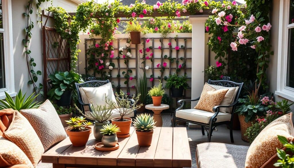 A charming small patio design in a side yard, featuring cozy outdoor seating with comfortable cushions in various earthy tones. In the foreground, a rustic wooden table adorned with potted plants and soft, decorative throw blankets creates an inviting atmosphere. The middle ground showcases two elegant, cushioned chairs arranged around the table, surrounded by lush greenery of climbing vines and flowering plants that add vibrant colors. In the background, a trellis covered with flowers filters soft sunlight, enhancing the serene mood. The entire scene is bathed in bright natural light, capturing the essence of an airy, well-lit space perfect for relaxation. The perspective is slightly elevated, showcasing the cozy outdoor area as a tranquil retreat in a residential setting. A charming small patio design in a side yard, featuring cozy outdoor seating with comfortable cushions in various earthy tones. In the foreground, a rustic wooden table adorned with potted plants and soft, decorative throw blankets creates an inviting atmosphere. The middle ground showcases two elegant, cushioned chairs arranged around the table, surrounded by lush greenery of climbing vines and flowering plants that add vibrant colors. In the background, a trellis covered with flowers filters soft sunlight, enhancing the serene mood. The entire scene is bathed in bright natural light, capturing the essence of an airy, well-lit space perfect for relaxation. The perspective is slightly elevated, showcasing the cozy outdoor area as a tranquil retreat in a residential setting.