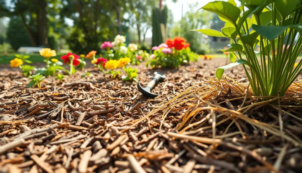 A close-up view of a garden area showcasing various mulching techniques for weed prevention. The foreground features freshly laid organic mulch, including wood chips and straw, evenly spread around vibrant flower beds. The middle ground displays healthy, thriving plants with visible root systems benefiting from the mulch, while a small garden tool rests nearby. In the background, a sunny garden setting with soft sunlight filtering through leaves creates a warm and inviting atmosphere. The angle is slightly above eye level, capturing the texture of the mulch and plants clearly. The overall mood is one of tranquility and vitality, emphasizing the importance of proper mulching in gardening. A close-up view of a garden area showcasing various mulching techniques for weed prevention. The foreground features freshly laid organic mulch, including wood chips and straw, evenly spread around vibrant flower beds. The middle ground displays healthy, thriving plants with visible root systems benefiting from the mulch, while a small garden tool rests nearby. In the background, a sunny garden setting with soft sunlight filtering through leaves creates a warm and inviting atmosphere. The angle is slightly above eye level, capturing the texture of the mulch and plants clearly. The overall mood is one of tranquility and vitality, emphasizing the importance of proper mulching in gardening.
