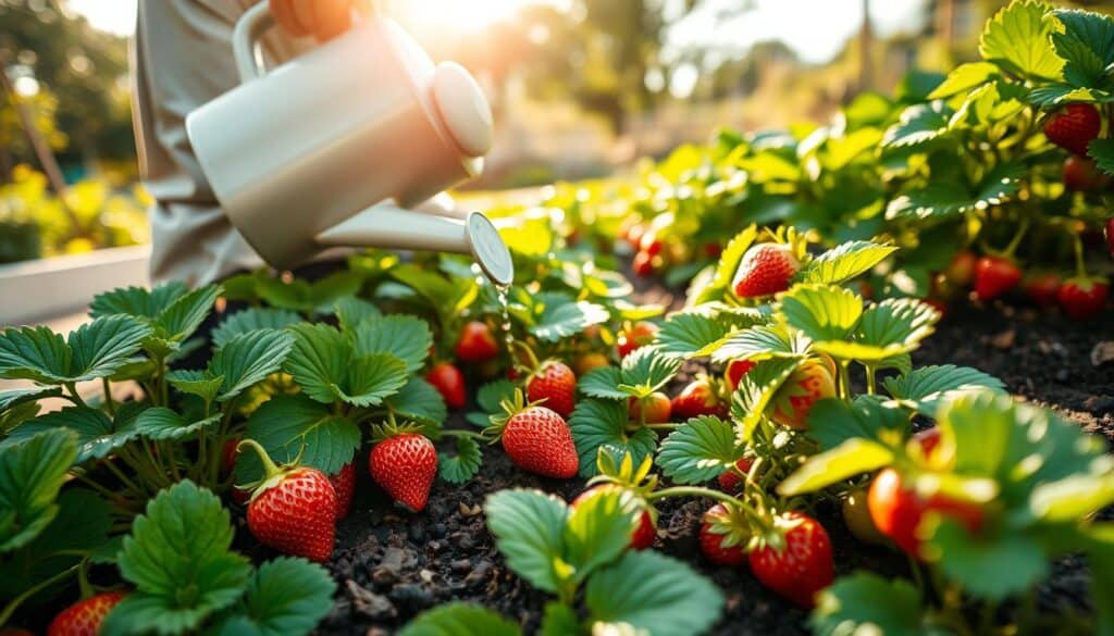 A close-up view of a gardener watering vibrant strawberry plants in a well-structured raised bed garden. In the foreground, the gardener is depicted in modest casual clothing, gently using a watering can to nourish the lush green foliage and bright red strawberries, which glisten with droplets of water. The middle ground showcases various stages of strawberry growth, with healthy leaves and ripe berries nestled among the soil. In the background, a sunlit garden scene with soft, warm sunlight filtering through nearby trees enhances the peaceful atmosphere. The entire image captures a sense of nurturing and care, inviting viewers to embrace the joy of gardening during a summer-long harvest. The composition is bright and airy, highlighting the beauty of growing strawberries. A close-up view of a gardener watering vibrant strawberry plants in a well-structured raised bed garden. In the foreground, the gardener is depicted in modest casual clothing, gently using a watering can to nourish the lush green foliage and bright red strawberries, which glisten with droplets of water. The middle ground showcases various stages of strawberry growth, with healthy leaves and ripe berries nestled among the soil. In the background, a sunlit garden scene with soft, warm sunlight filtering through nearby trees enhances the peaceful atmosphere. The entire image captures a sense of nurturing and care, inviting viewers to embrace the joy of gardening during a summer-long harvest. The composition is bright and airy, highlighting the beauty of growing strawberries.