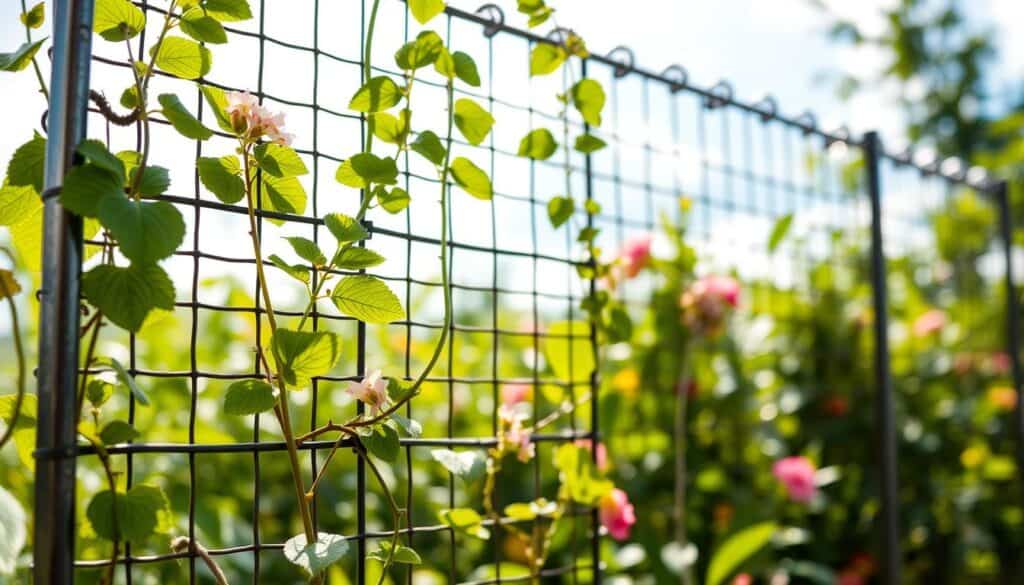 A close-up view of a wire mesh panel trellis in a lush garden setting, designed for climbing plants. The trellis features a sturdy metal frame with a grid of thin, rustic wire, allowing vines and flowers to weave through. In the foreground, vibrant green leaves and colorful blossoms climb up the trellis, showcasing the structure's purpose. In the middle ground, sunlight filters through soft clouds, casting gentle shadows that enhance the textures of the wire mesh. The background reveals a soft blur of greenery, emphasizing the trellis as the focal point. The atmosphere is serene and inviting, with a bright and airy feel, perfect for a DIY gardening theme. A close-up view of a wire mesh panel trellis in a lush garden setting, designed for climbing plants. The trellis features a sturdy metal frame with a grid of thin, rustic wire, allowing vines and flowers to weave through. In the foreground, vibrant green leaves and colorful blossoms climb up the trellis, showcasing the structure's purpose. In the middle ground, sunlight filters through soft clouds, casting gentle shadows that enhance the textures of the wire mesh. The background reveals a soft blur of greenery, emphasizing the trellis as the focal point. The atmosphere is serene and inviting, with a bright and airy feel, perfect for a DIY gardening theme.