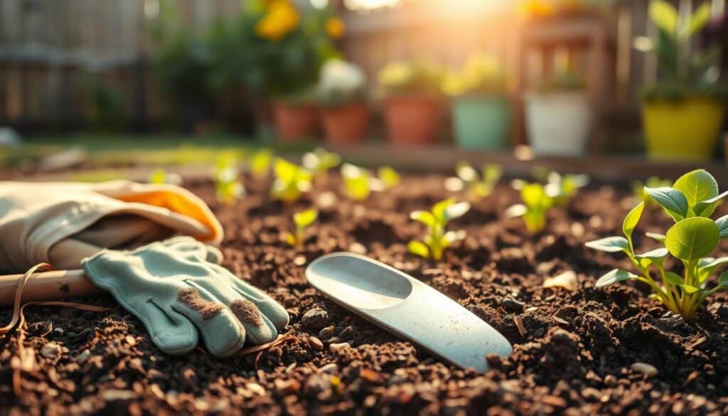 A close-up view of healthy garden soil being prepared, featuring rich, dark brown earth mixed with organic materials like compost, shredded leaves, and small pebbles. In the foreground, a pair of clean gardening gloves rests beside a small trowel and a bag of compost, symbolizing preparation and care. The middle ground shows a flourishing garden with green seedlings peeking through the soil, vibrant and healthy. In the background, a sunlit backyard setting with soft sunlight illuminating the scene, creating a warm and inviting atmosphere. Include a blurred wooden fence and colorful flower pots to add charm. The overall mood should be optimistic and nurturing, encouraging the viewer to take steps toward better soil health. A close-up view of healthy garden soil being prepared, featuring rich, dark brown earth mixed with organic materials like compost, shredded leaves, and small pebbles. In the foreground, a pair of clean gardening gloves rests beside a small trowel and a bag of compost, symbolizing preparation and care. The middle ground shows a flourishing garden with green seedlings peeking through the soil, vibrant and healthy. In the background, a sunlit backyard setting with soft sunlight illuminating the scene, creating a warm and inviting atmosphere. Include a blurred wooden fence and colorful flower pots to add charm. The overall mood should be optimistic and nurturing, encouraging the viewer to take steps toward better soil health.