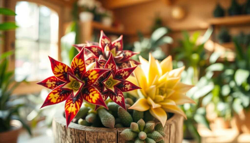 A close-up view of vibrant huernia succulents displayed in a rustic wooden pot. The foreground features the striking star-shaped flowers with intricate patterns, showcasing colors of deep burgundy, yellow, and accents of white. In the middle ground, the fleshy, textured leaves of the huernia plants stretch outward, forming an eye-catching cluster. The background is softly blurred, displaying a warm, sunlit room filled with greenery. Natural light streams through a nearby window, illuminating the succulents and casting gentle shadows, creating a serene and inviting atmosphere. The overall mood is one of tranquility and admiration for nature’s peculiar beauty, perfect for showcasing the allure of huernia succulents. A close-up view of vibrant huernia succulents displayed in a rustic wooden pot. The foreground features the striking star-shaped flowers with intricate patterns, showcasing colors of deep burgundy, yellow, and accents of white. In the middle ground, the fleshy, textured leaves of the huernia plants stretch outward, forming an eye-catching cluster. The background is softly blurred, displaying a warm, sunlit room filled with greenery. Natural light streams through a nearby window, illuminating the succulents and casting gentle shadows, creating a serene and inviting atmosphere. The overall mood is one of tranquility and admiration for nature’s peculiar beauty, perfect for showcasing the allure of huernia succulents.