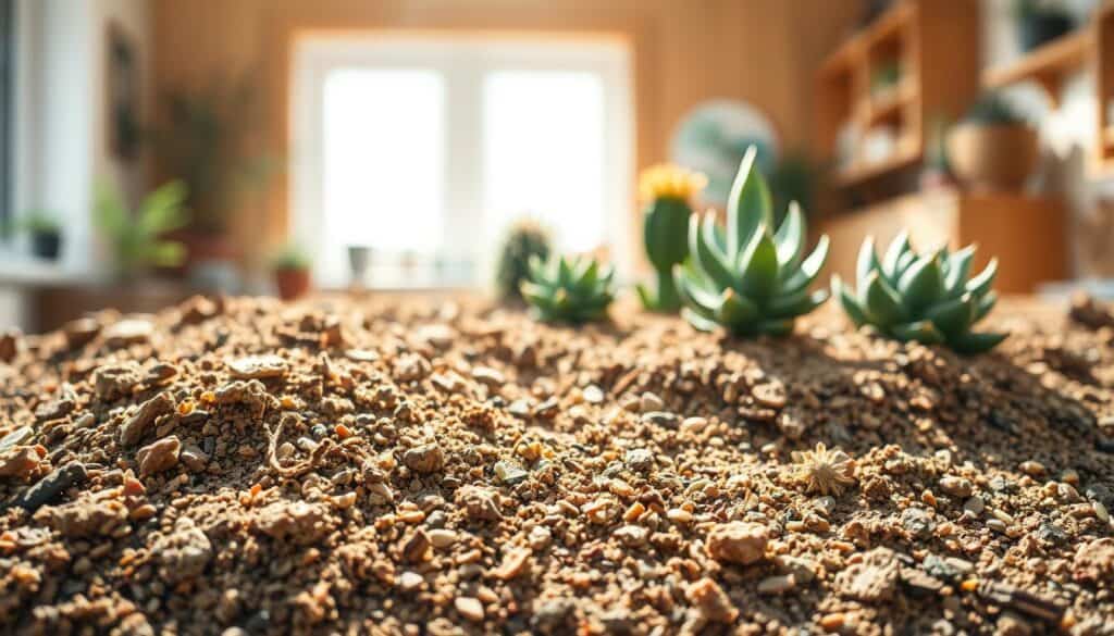 A close-up view of well-draining cactus soil, showcasing a rich texture of gritty sand, small pebbles, and organic matter. In the foreground, focus on the soil’s intricate layers, highlighting the vibrant, earthy tones of browns and grays. A few scattered, healthy cactus roots peek through the soil, emphasizing its nutrient-rich quality. In the middle ground, several Huernia succulents display their unique shapes and colors, adding a touch of green and yellow to the scene. The background features a soft-focus of a well-lit, airy room with natural wooden decor, suggesting a cozy and inviting atmosphere. Bright, soft sunlight streams in, creating gentle shadows that accentuate the soil's composition while maintaining a serene, harmonious mood. A close-up view of well-draining cactus soil, showcasing a rich texture of gritty sand, small pebbles, and organic matter. In the foreground, focus on the soil’s intricate layers, highlighting the vibrant, earthy tones of browns and grays. A few scattered, healthy cactus roots peek through the soil, emphasizing its nutrient-rich quality. In the middle ground, several Huernia succulents display their unique shapes and colors, adding a touch of green and yellow to the scene. The background features a soft-focus of a well-lit, airy room with natural wooden decor, suggesting a cozy and inviting atmosphere. Bright, soft sunlight streams in, creating gentle shadows that accentuate the soil's composition while maintaining a serene, harmonious mood.