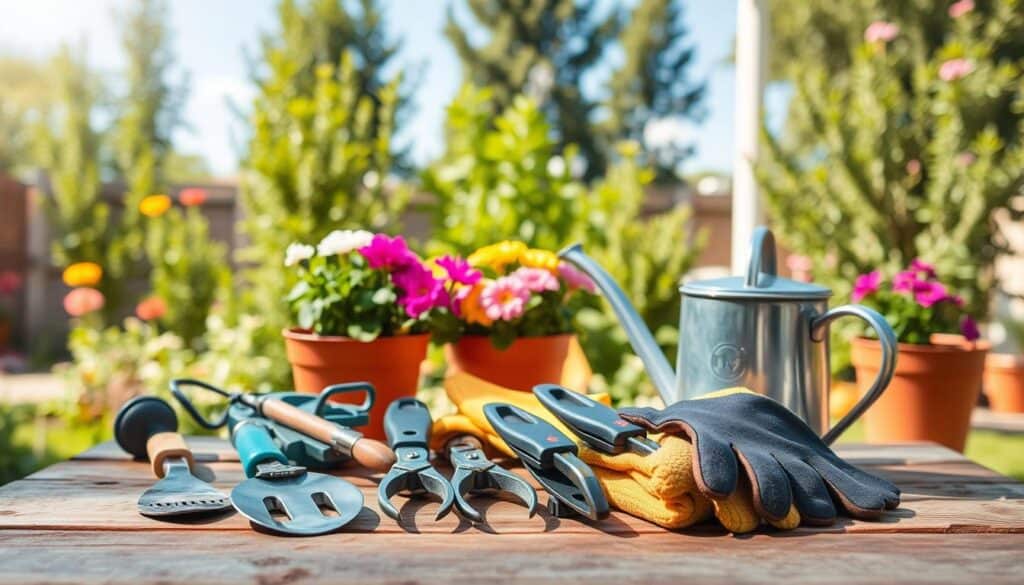 A collection of beginner gardening tools displayed on a rustic wooden table in a well-lit backyard setting. In the foreground, highlight essential tools such as a trowel, hand pruners, a watering can, and a pair of gardening gloves, all arranged neatly. In the middle ground, include vibrant flower pots filled with colorful blooms, hinting at a budding garden. The background features lush green plants and a clear blue sky, with soft sunlight pouring through, creating a bright and inviting atmosphere. Capture the scene with a slight depth of field, focusing on the tools while allowing the background to softly blur. Aim for a warm, encouraging mood that invites viewers to explore gardening. A collection of beginner gardening tools displayed on a rustic wooden table in a well-lit backyard setting. In the foreground, highlight essential tools such as a trowel, hand pruners, a watering can, and a pair of gardening gloves, all arranged neatly. In the middle ground, include vibrant flower pots filled with colorful blooms, hinting at a budding garden. The background features lush green plants and a clear blue sky, with soft sunlight pouring through, creating a bright and inviting atmosphere. Capture the scene with a slight depth of field, focusing on the tools while allowing the background to softly blur. Aim for a warm, encouraging mood that invites viewers to explore gardening.
