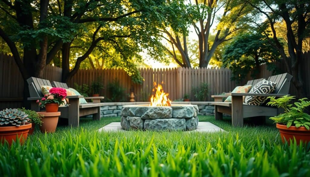 A cozy DIY fire pit area in a backyard, featuring a stone fire pit surrounded by comfortable, rustic wooden seating. In the foreground, lush green grass complements the arrangement, with potted plants adding vibrant splashes of color. The middle ground showcases the fire pit, flames flickering warmly, inviting guests to gather around. Surrounding trees provide a natural backdrop, their leaves gently swaying in a soft breeze. The lighting is bright and airy, with soft sunlight streaming through the branches, creating a relaxed afternoon ambiance. The angle captures the inviting atmosphere, emphasizing the DIY nature of the setup, ideal for budget-conscious homeowners looking to enhance their outdoor space. A cozy DIY fire pit area in a backyard, featuring a stone fire pit surrounded by comfortable, rustic wooden seating. In the foreground, lush green grass complements the arrangement, with potted plants adding vibrant splashes of color. The middle ground showcases the fire pit, flames flickering warmly, inviting guests to gather around. Surrounding trees provide a natural backdrop, their leaves gently swaying in a soft breeze. The lighting is bright and airy, with soft sunlight streaming through the branches, creating a relaxed afternoon ambiance. The angle captures the inviting atmosphere, emphasizing the DIY nature of the setup, ideal for budget-conscious homeowners looking to enhance their outdoor space.