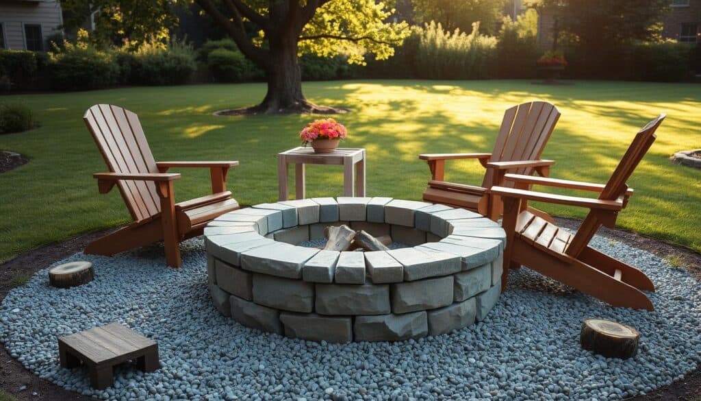 A cozy, affordable outdoor fire pit set in a well-kept backyard. In the foreground, a simple, circular fire pit made of stone and bricks, surrounded by smooth gravel and scattered logs. On the middle layer, there are a couple of comfortable, budget-friendly chairs made of wood, positioned around the fire pit, inviting relaxation. In the background, lush green grass and a few vibrant flower pots add color to the scene, while soft sunlight filters through nearby trees, creating a warm, inviting atmosphere. The image is captured at a slight angle, emphasizing the fire pit and seating area, conveying a sense of tranquility perfect for a cozy evening gathering. A cozy, affordable outdoor fire pit set in a well-kept backyard. In the foreground, a simple, circular fire pit made of stone and bricks, surrounded by smooth gravel and scattered logs. On the middle layer, there are a couple of comfortable, budget-friendly chairs made of wood, positioned around the fire pit, inviting relaxation. In the background, lush green grass and a few vibrant flower pots add color to the scene, while soft sunlight filters through nearby trees, creating a warm, inviting atmosphere. The image is captured at a slight angle, emphasizing the fire pit and seating area, conveying a sense of tranquility perfect for a cozy evening gathering.