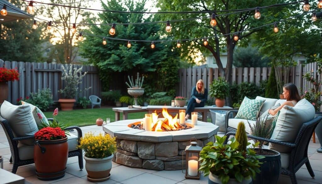 A cozy backyard fire pit area designed for budget-friendly ambiance, featuring a stylish stone fire pit surrounded by comfortable, modestly dressed outdoor seating. In the foreground, include decorative string lights draped overhead and vibrant potted plants that add a touch of color. The middle ground showcases the warm glow of the fire illuminating an assortment of tasteful lanterns and candles that evoke a cozy atmosphere. In the background, lush greenery and a softly lit evening sky create a serene backdrop. Capture this scene with soft sunlight filtering through the trees, emphasizing a warm and inviting mood. The angle should be slightly elevated, providing a view that encapsulates the charm and intimacy of the setting while avoiding any text or branding elements. A cozy backyard fire pit area designed for budget-friendly ambiance, featuring a stylish stone fire pit surrounded by comfortable, modestly dressed outdoor seating. In the foreground, include decorative string lights draped overhead and vibrant potted plants that add a touch of color. The middle ground showcases the warm glow of the fire illuminating an assortment of tasteful lanterns and candles that evoke a cozy atmosphere. In the background, lush greenery and a softly lit evening sky create a serene backdrop. Capture this scene with soft sunlight filtering through the trees, emphasizing a warm and inviting mood. The angle should be slightly elevated, providing a view that encapsulates the charm and intimacy of the setting while avoiding any text or branding elements.