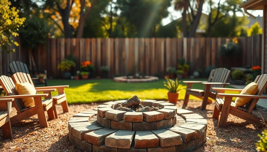 A cozy backyard fire pit scene, centered in the foreground with a simple, budget-friendly design. The fire pit is made of rustic stones or bricks, surrounded by a circle of comfortable seating made from reclaimed wood or affordable outdoor chairs. In the middle ground, vibrant greenery and potted plants create a welcoming atmosphere, while a small, well-maintained lawn adds a touch of nature. In the background, a fence or trees provides privacy, softly blurred to emphasize the fire pit area. The image is illuminated by warm, soft sunlight, evoking an inviting and relaxed mood, ideal for outdoor gatherings. A wide-angle lens captures the entire scene, enhancing the spaciousness of the backyard. A cozy backyard fire pit scene, centered in the foreground with a simple, budget-friendly design. The fire pit is made of rustic stones or bricks, surrounded by a circle of comfortable seating made from reclaimed wood or affordable outdoor chairs. In the middle ground, vibrant greenery and potted plants create a welcoming atmosphere, while a small, well-maintained lawn adds a touch of nature. In the background, a fence or trees provides privacy, softly blurred to emphasize the fire pit area. The image is illuminated by warm, soft sunlight, evoking an inviting and relaxed mood, ideal for outdoor gatherings. A wide-angle lens captures the entire scene, enhancing the spaciousness of the backyard.