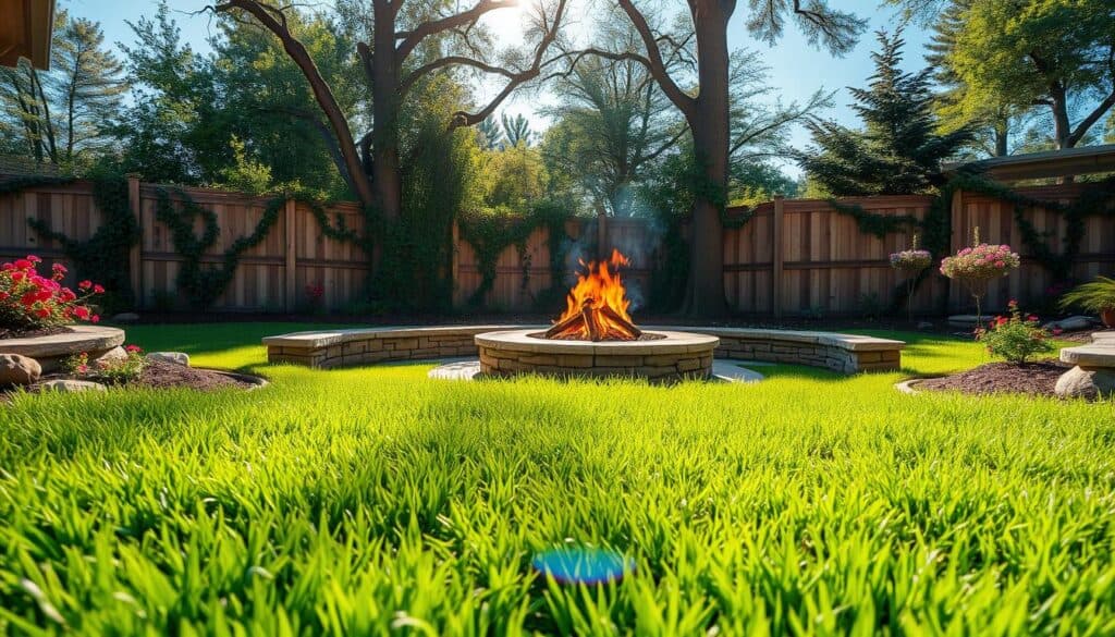 A cozy backyard fire pit scene, showcasing a beautifully landscaped area with stone seating surrounding a circular fire pit. In the foreground, thick, lush grass is bordered by colorful flower beds and decorative landscaping rocks, creating an inviting atmosphere. The middle ground highlights the fire pit ablaze with warm, crackling flames, casting a soft glow that illuminates the surrounding area. Background elements include a wooden fence covered in climbing vines and tall trees softly swaying in the gentle breeze, under a bright blue sky. The lighting is bright yet warm, suggesting late afternoon sun filtering through branches, creating a tranquil and welcoming mood. The angle captures the scene from a slightly elevated perspective, enhancing the overall charm of the backyard setting. A cozy backyard fire pit scene, showcasing a beautifully landscaped area with stone seating surrounding a circular fire pit. In the foreground, thick, lush grass is bordered by colorful flower beds and decorative landscaping rocks, creating an inviting atmosphere. The middle ground highlights the fire pit ablaze with warm, crackling flames, casting a soft glow that illuminates the surrounding area. Background elements include a wooden fence covered in climbing vines and tall trees softly swaying in the gentle breeze, under a bright blue sky. The lighting is bright yet warm, suggesting late afternoon sun filtering through branches, creating a tranquil and welcoming mood. The angle captures the scene from a slightly elevated perspective, enhancing the overall charm of the backyard setting.