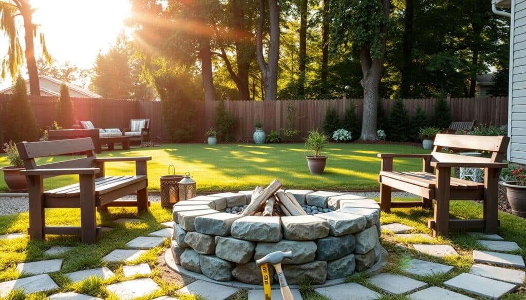 A cozy backyard scene featuring a DIY fire pit created from budget-friendly materials, like stones and bricks. In the foreground, the fire pit is surrounded by rustic wooden benches and a seating area, evoking a warm, inviting atmosphere. The middle ground showcases a well-maintained lawn adorned with potted plants and decorative lanterns, while a few DIY tools like a hammer and measuring tape are casually placed nearby, hinting at the creative process. In the background, soft sunlight filters through tall trees, creating a dappled light effect, enhancing the serene mood. The image should capture a sense of warmth and community, perfect for gatherings, with a slight upward angle that showcases the inviting nature of the fire pit setup. A cozy backyard scene featuring a DIY fire pit created from budget-friendly materials, like stones and bricks. In the foreground, the fire pit is surrounded by rustic wooden benches and a seating area, evoking a warm, inviting atmosphere. The middle ground showcases a well-maintained lawn adorned with potted plants and decorative lanterns, while a few DIY tools like a hammer and measuring tape are casually placed nearby, hinting at the creative process. In the background, soft sunlight filters through tall trees, creating a dappled light effect, enhancing the serene mood. The image should capture a sense of warmth and community, perfect for gatherings, with a slight upward angle that showcases the inviting nature of the fire pit setup.