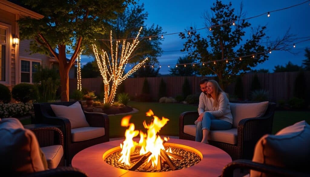 A cozy backyard scene featuring a beautifully designed fire pit at twilight, surrounded by elegant, comfortable seating. In the foreground, warm flames flicker gently, casting a soft glow on the faces of two individuals in modest casual attire, laughing and enjoying the ambiance. The middle ground showcases lush landscaping, with carefully arranged shrubs and flowers that enhance the inviting atmosphere. In the background, soft fairy lights are draped across nearby trees, illuminating the space with a magical touch. The sky transitions from blue to deep purple, suggesting the perfect evening for outdoor entertainment. Capture this scene with a warm, inviting overall tone, using a wide-angle lens to emphasize the depth and warmth of the setting. A cozy backyard scene featuring a beautifully designed fire pit at twilight, surrounded by elegant, comfortable seating. In the foreground, warm flames flicker gently, casting a soft glow on the faces of two individuals in modest casual attire, laughing and enjoying the ambiance. The middle ground showcases lush landscaping, with carefully arranged shrubs and flowers that enhance the inviting atmosphere. In the background, soft fairy lights are draped across nearby trees, illuminating the space with a magical touch. The sky transitions from blue to deep purple, suggesting the perfect evening for outdoor entertainment. Capture this scene with a warm, inviting overall tone, using a wide-angle lens to emphasize the depth and warmth of the setting.
