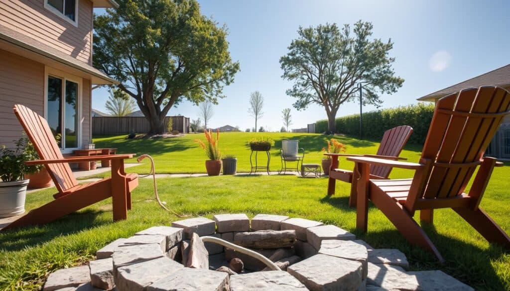 A cozy backyard scene featuring a safe and inviting fire pit area. In the foreground, a well-constructed stone fire pit, surrounded by stacked firewood and a circle of sturdy, weather-resistant chairs arranged for safety. In the middle ground, a lush lawn with decorative potted plants and a small outdoor table with fire safety tools, like a metal bucket and a hose. In the background, a bright blue sky filters soft sunlight through a few scattered trees, providing a tranquil atmosphere. Warm, inviting colors and a focus on safety elements create a professional and calm mood, showcasing essential fire pit safety tips for homeowners. The angle captures the entire area, emphasizing both the beauty and practical aspects of the setup. A cozy backyard scene featuring a safe and inviting fire pit area. In the foreground, a well-constructed stone fire pit, surrounded by stacked firewood and a circle of sturdy, weather-resistant chairs arranged for safety. In the middle ground, a lush lawn with decorative potted plants and a small outdoor table with fire safety tools, like a metal bucket and a hose. In the background, a bright blue sky filters soft sunlight through a few scattered trees, providing a tranquil atmosphere. Warm, inviting colors and a focus on safety elements create a professional and calm mood, showcasing essential fire pit safety tips for homeowners. The angle captures the entire area, emphasizing both the beauty and practical aspects of the setup.
