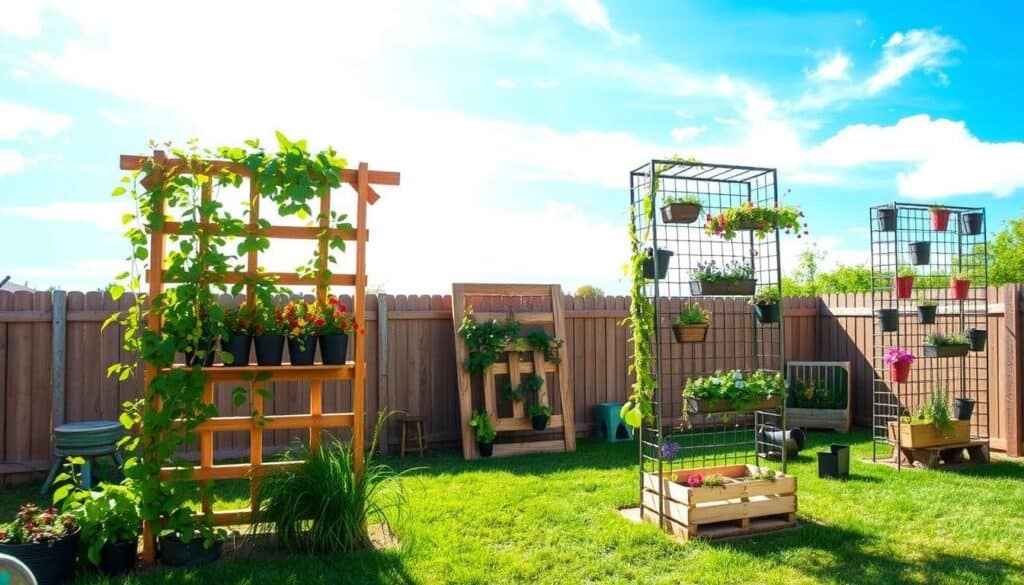 A cozy backyard scene featuring a variety of vertical garden structures that are practical and easily buildable for under $50. In the foreground, a wooden trellis adorned with colorful climbing plants, a DIY pallet planter overflowing with vibrant herbs, and a wire mesh structure supporting cascading flowers. The middle ground showcases a well-maintained green lawn with additional vertical planters made from recycled materials, like old crates and bottles, adding texture and charm. In the background, a bright blue sky with soft white clouds enhances the inviting atmosphere, while the sunlight casts gentle shadows, creating a warm, airy feel. Capture this scene from a slightly elevated angle to accentuate the verticality of the gardens, ensuring the focus remains on the creative structures against a serene, natural setting. A cozy backyard scene featuring a variety of vertical garden structures that are practical and easily buildable for under $50. In the foreground, a wooden trellis adorned with colorful climbing plants, a DIY pallet planter overflowing with vibrant herbs, and a wire mesh structure supporting cascading flowers. The middle ground showcases a well-maintained green lawn with additional vertical planters made from recycled materials, like old crates and bottles, adding texture and charm. In the background, a bright blue sky with soft white clouds enhances the inviting atmosphere, while the sunlight casts gentle shadows, creating a warm, airy feel. Capture this scene from a slightly elevated angle to accentuate the verticality of the gardens, ensuring the focus remains on the creative structures against a serene, natural setting.