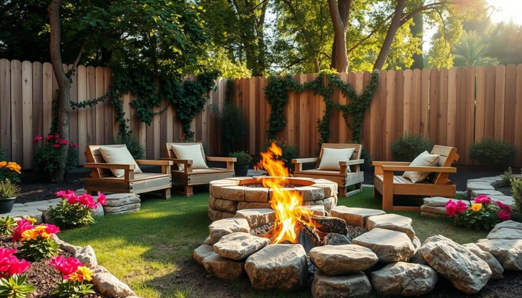 A cozy backyard setting featuring a DIY fire pit surrounded by landscaped greenery. In the foreground, a rustic stone fire pit is ablaze with a warm, inviting fire, its glow reflecting off nearby smooth river rocks. The middle ground showcases neatly arranged seating made of reclaimed wood, invitingly placed around the fire pit. Lush flower beds with vibrant blooms and low-maintenance shrubs frame the area, enhancing the inviting atmosphere. In the background, a wooden fence provides privacy, partially covered with climbing vines. The scene is bathed in bright natural light with soft sunlight filtering through the leaves of nearby trees, creating a warm and welcoming mood perfect for gatherings. The composition is shot from a slight elevation, capturing a wide angle that highlights both the fire pit and the landscaping elements harmoniously. A cozy backyard setting featuring a DIY fire pit surrounded by landscaped greenery. In the foreground, a rustic stone fire pit is ablaze with a warm, inviting fire, its glow reflecting off nearby smooth river rocks. The middle ground showcases neatly arranged seating made of reclaimed wood, invitingly placed around the fire pit. Lush flower beds with vibrant blooms and low-maintenance shrubs frame the area, enhancing the inviting atmosphere. In the background, a wooden fence provides privacy, partially covered with climbing vines. The scene is bathed in bright natural light with soft sunlight filtering through the leaves of nearby trees, creating a warm and welcoming mood perfect for gatherings. The composition is shot from a slight elevation, capturing a wide angle that highlights both the fire pit and the landscaping elements harmoniously.