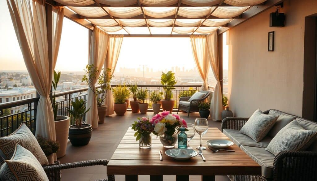 A cozy boutique hotel style terrace featuring soft, earthy tones and elegant furnishings. In the foreground, a beautifully set wooden table adorned with fresh flowers and stylish tableware invites relaxation. Plush outdoor seating with stylish cushions creates an inviting atmosphere, while a carefully arranged collection of potted plants adds greenery. In the middle ground, a chic pergola draped with sheer curtains provides shade, accentuating a sense of privacy and luxury. The background showcases a charming view of a city skyline, softly illuminated by the warm glow of sunset. The scene captures bright natural light filtering through, creating a serene atmosphere, evoking a feeling of comfort and sophistication. The composition is shot with a wide-angle lens to encompass the entire terrace, emphasizing the inviting and airy ambiance. A cozy boutique hotel style terrace featuring soft, earthy tones and elegant furnishings. In the foreground, a beautifully set wooden table adorned with fresh flowers and stylish tableware invites relaxation. Plush outdoor seating with stylish cushions creates an inviting atmosphere, while a carefully arranged collection of potted plants adds greenery. In the middle ground, a chic pergola draped with sheer curtains provides shade, accentuating a sense of privacy and luxury. The background showcases a charming view of a city skyline, softly illuminated by the warm glow of sunset. The scene captures bright natural light filtering through, creating a serene atmosphere, evoking a feeling of comfort and sophistication. The composition is shot with a wide-angle lens to encompass the entire terrace, emphasizing the inviting and airy ambiance.