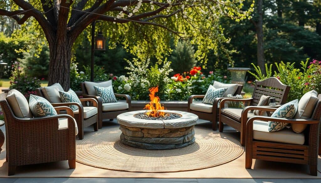 A cozy fire pit area designed for comfort and relaxation, featuring a circular stone fire pit surrounded by plush outdoor seating, such as cushioned armchairs and a rustic wooden bench. In the foreground, a woven outdoor rug adds warmth, while decorative throw pillows contribute a splash of color. The middle ground showcases soft ambient lighting, with lanterns hanging from nearby trees casting a gentle glow. In the background, lush greenery and blooming flowers create a serene atmosphere. The scene is bathed in bright natural light, highlighting the textures of the furniture and flooring. The mood is inviting and tranquil, perfect for gatherings with family and friends. Capture the image from a slight elevation to emphasize the seating arrangement and fire pit, with soft sunlight filtering through the trees. A cozy fire pit area designed for comfort and relaxation, featuring a circular stone fire pit surrounded by plush outdoor seating, such as cushioned armchairs and a rustic wooden bench. In the foreground, a woven outdoor rug adds warmth, while decorative throw pillows contribute a splash of color. The middle ground showcases soft ambient lighting, with lanterns hanging from nearby trees casting a gentle glow. In the background, lush greenery and blooming flowers create a serene atmosphere. The scene is bathed in bright natural light, highlighting the textures of the furniture and flooring. The mood is inviting and tranquil, perfect for gatherings with family and friends. Capture the image from a slight elevation to emphasize the seating arrangement and fire pit, with soft sunlight filtering through the trees.